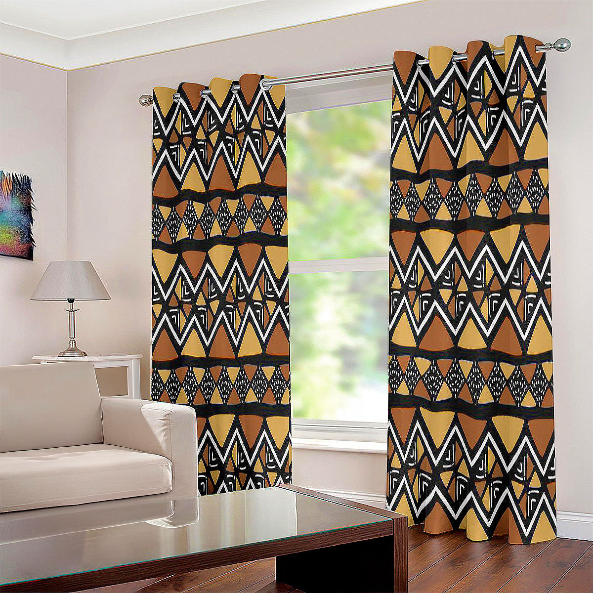 2 Piece African Inspired Grommet Curtain Mudcloth Print