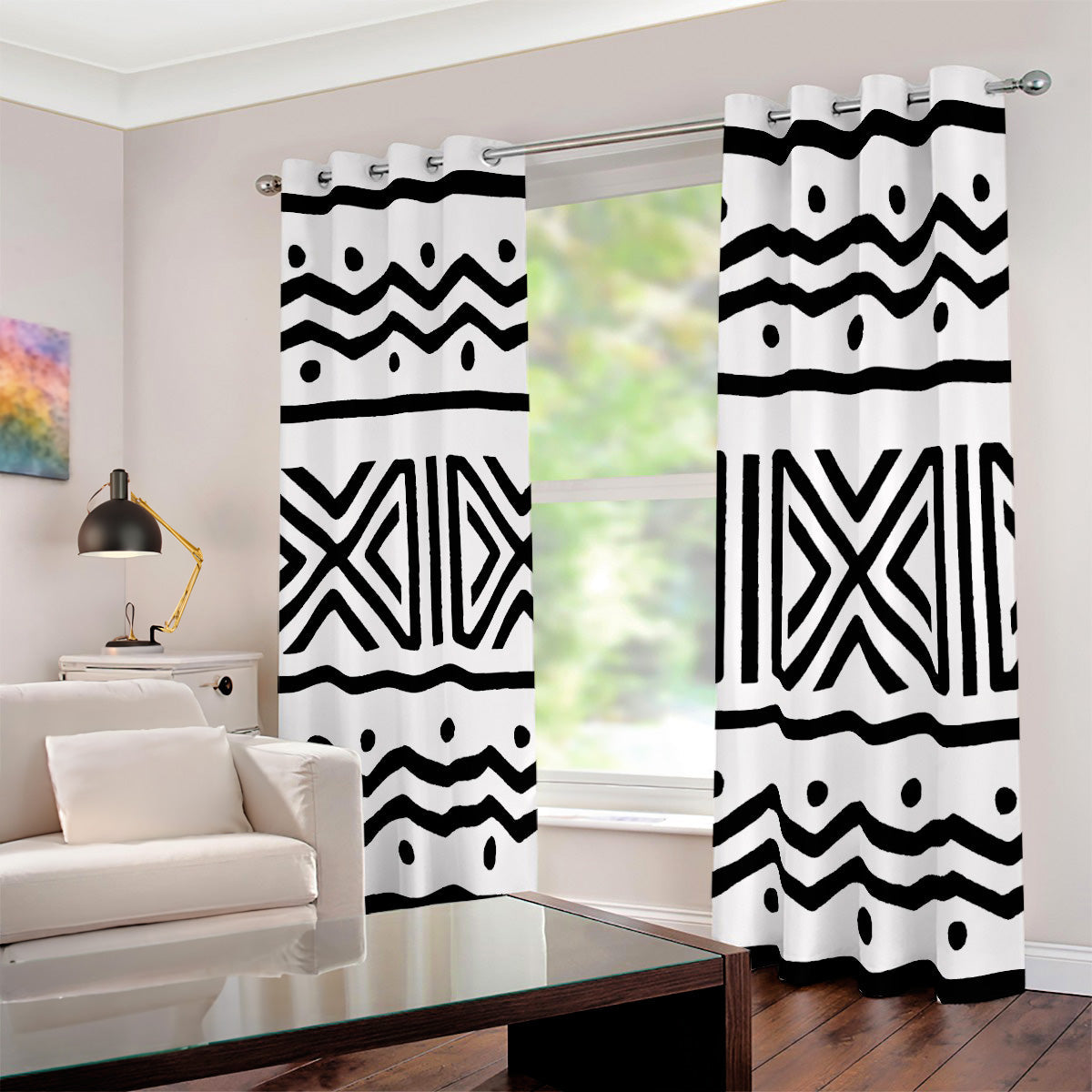 Zigzag African Grommet Window Curtain Mudcloth Print White