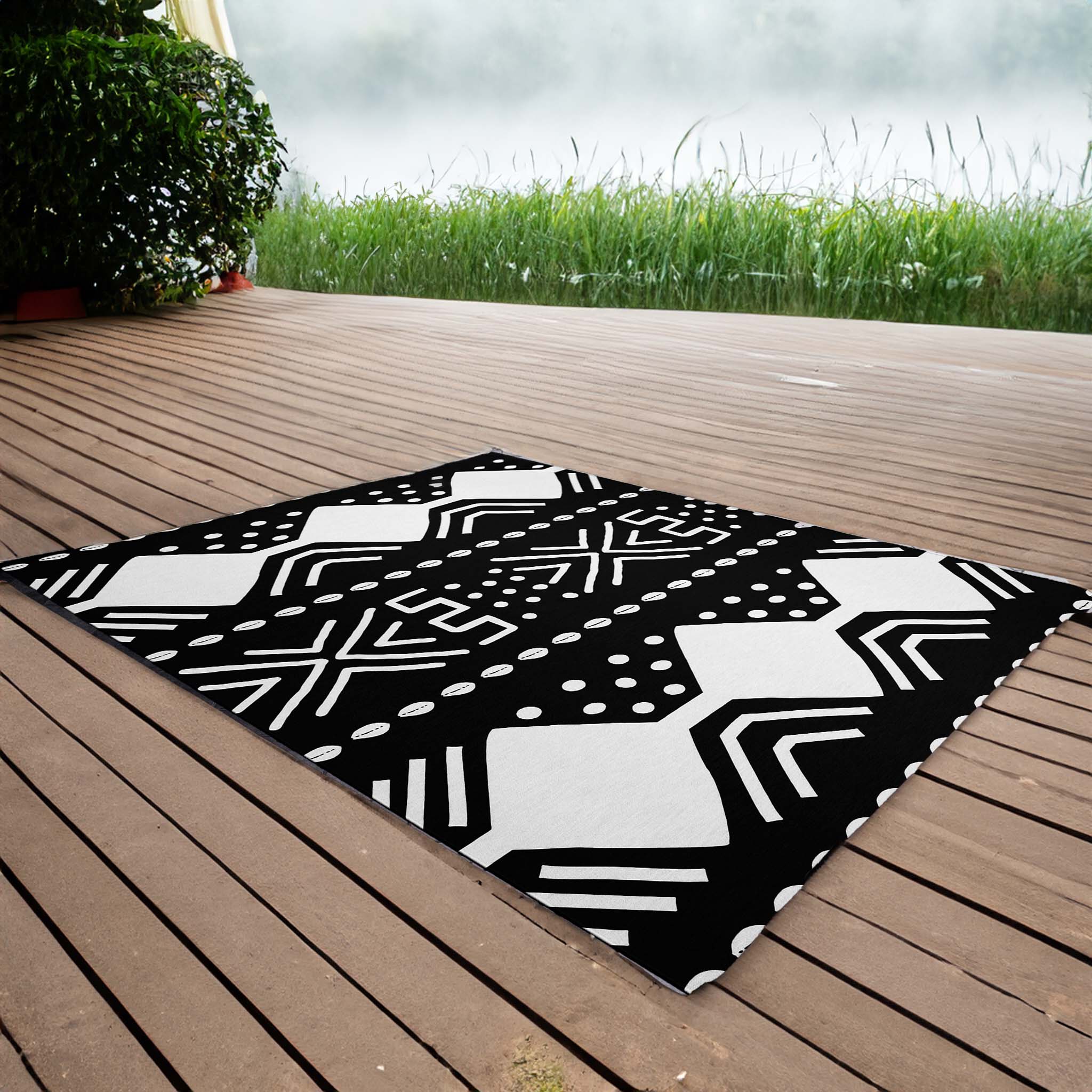 Outdoor African Rug Black & White Mudcloth Carpet - Bynelo