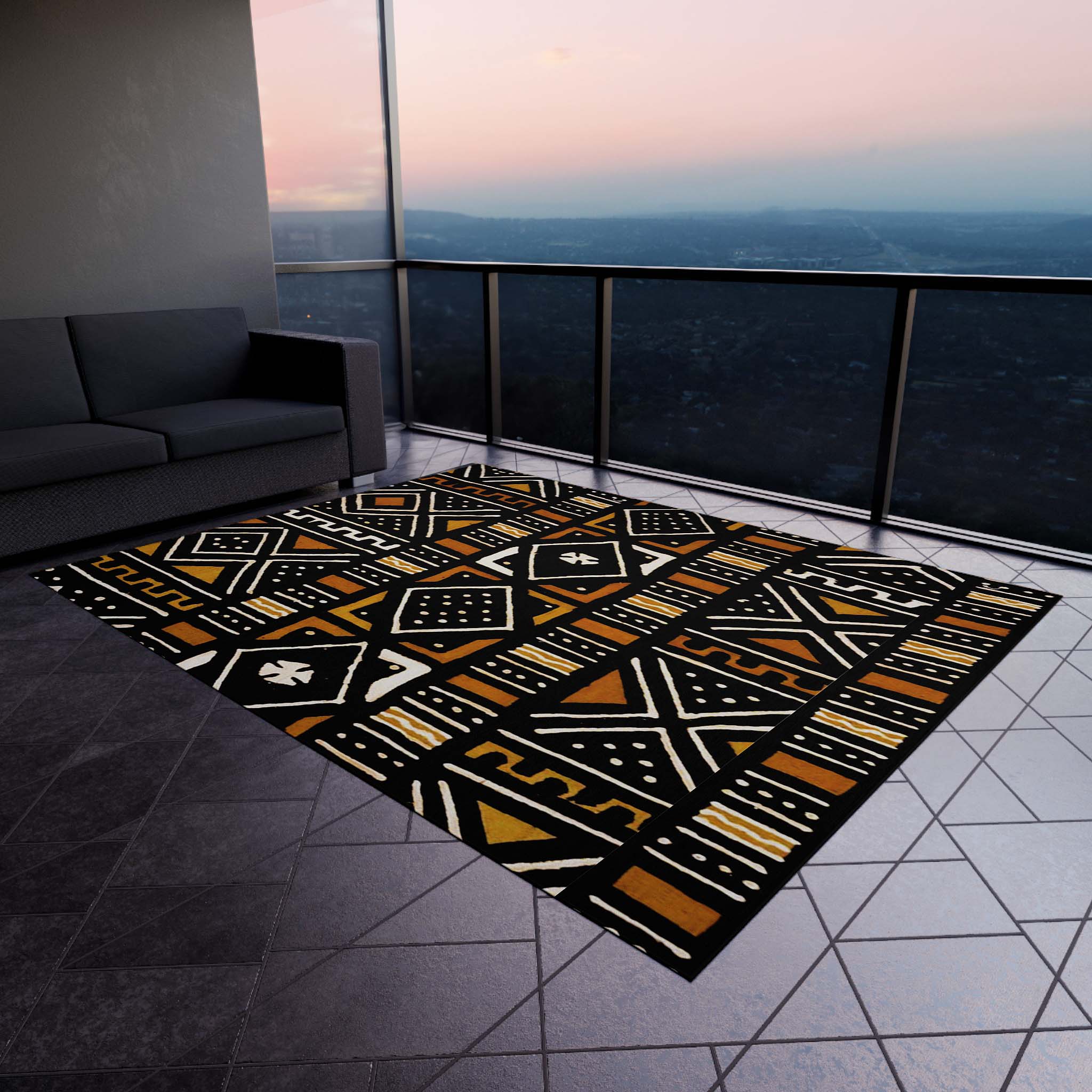 Outdoor African Print Carpet Rug Bogolan Mudcloth Print