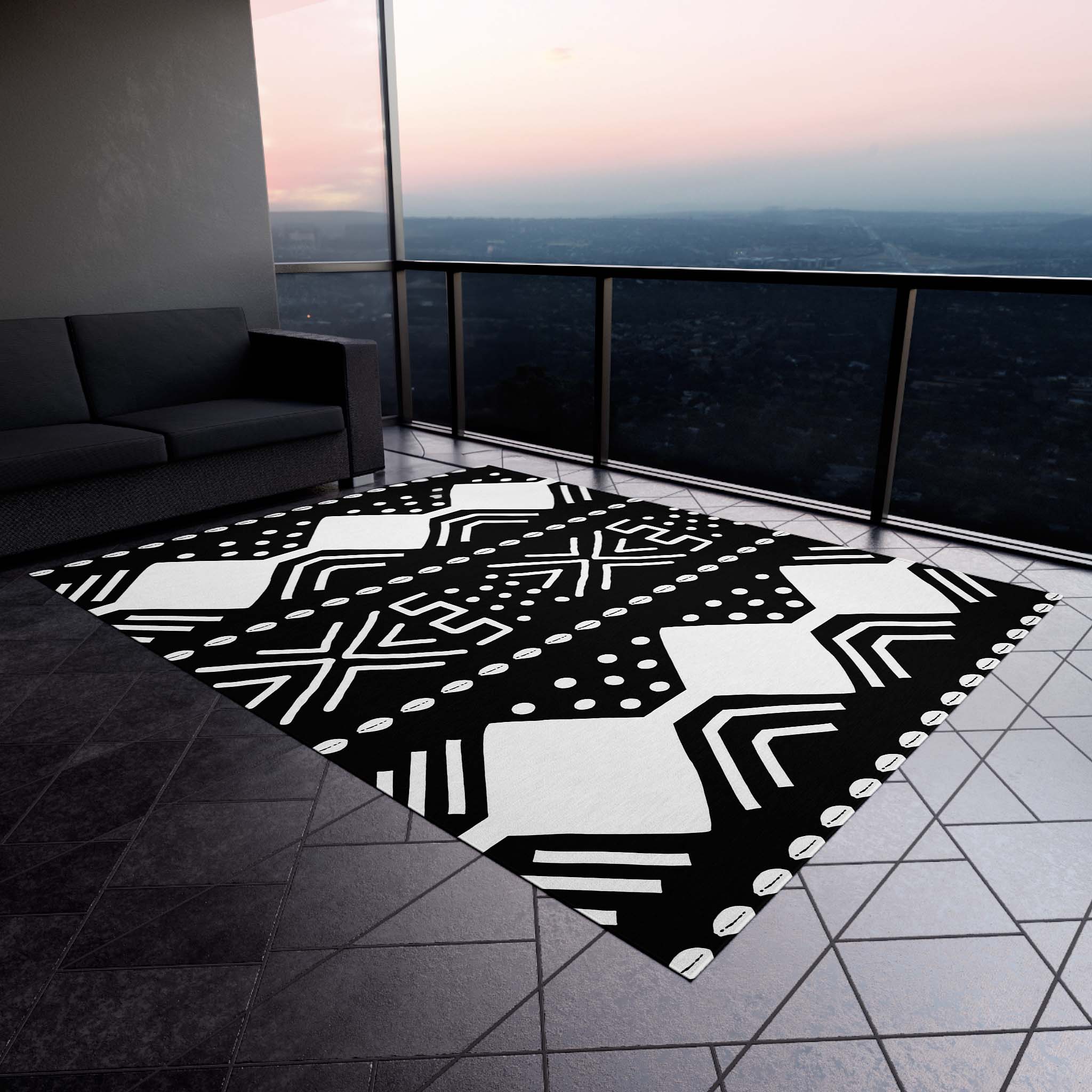 Outdoor African Rug Black & White Mudcloth Carpet - Bynelo