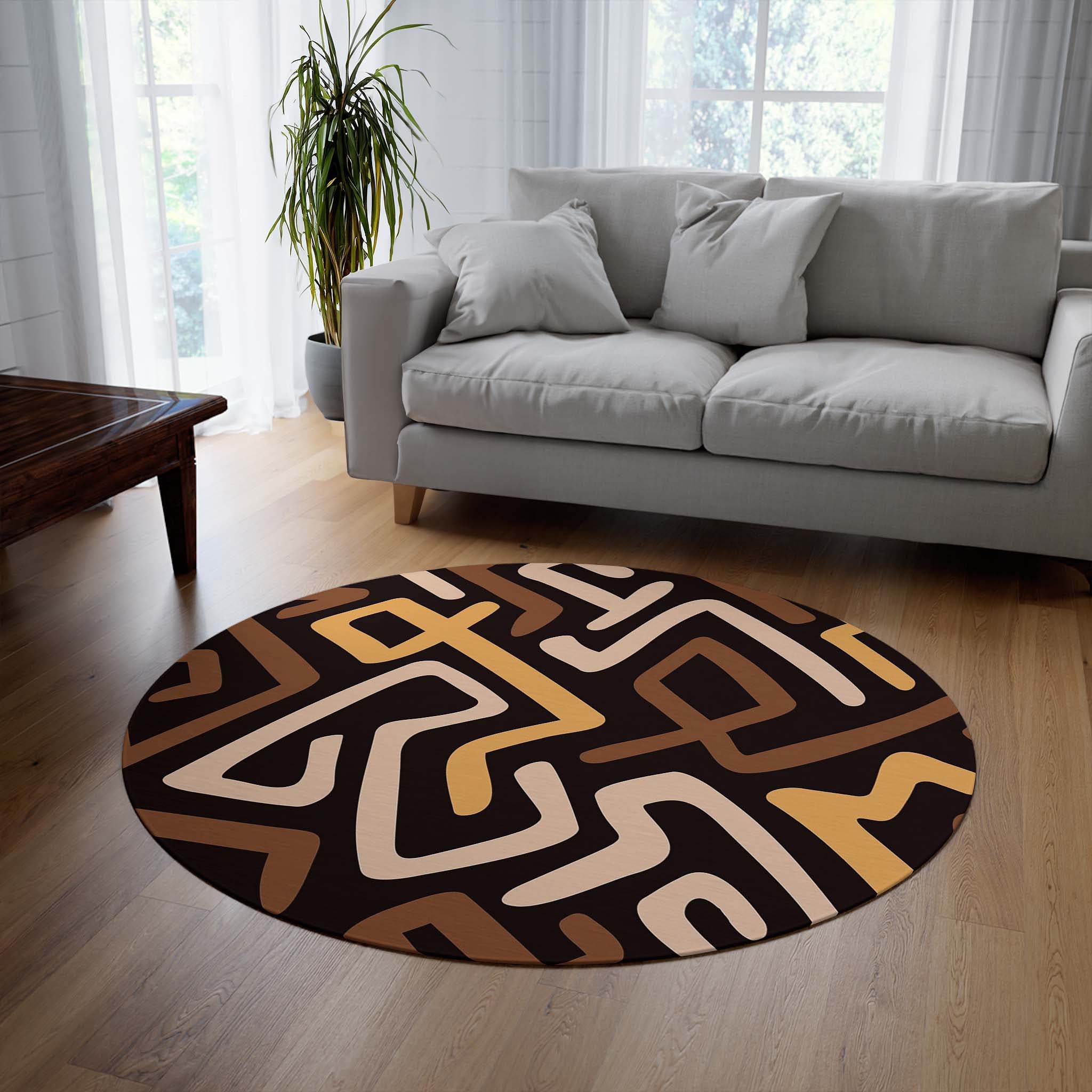 Round African Rugs in Kuba Print Indoor Carpet - Bynelo