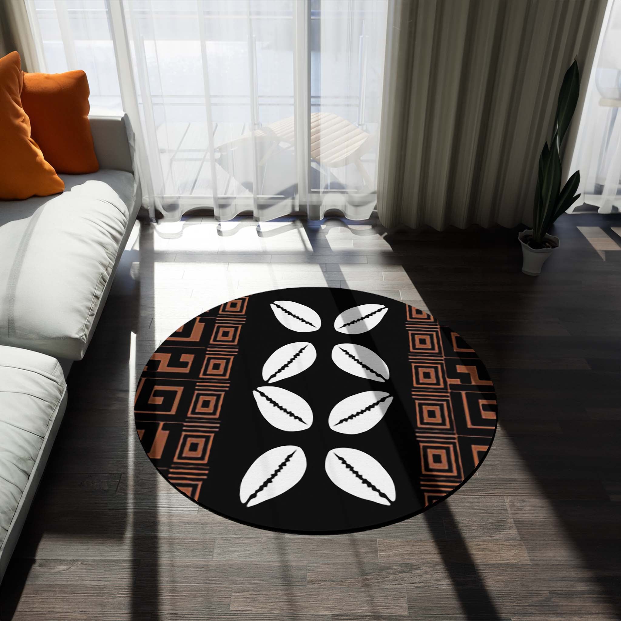 African Round Rug Cowrie Print Carpet - Bynelo