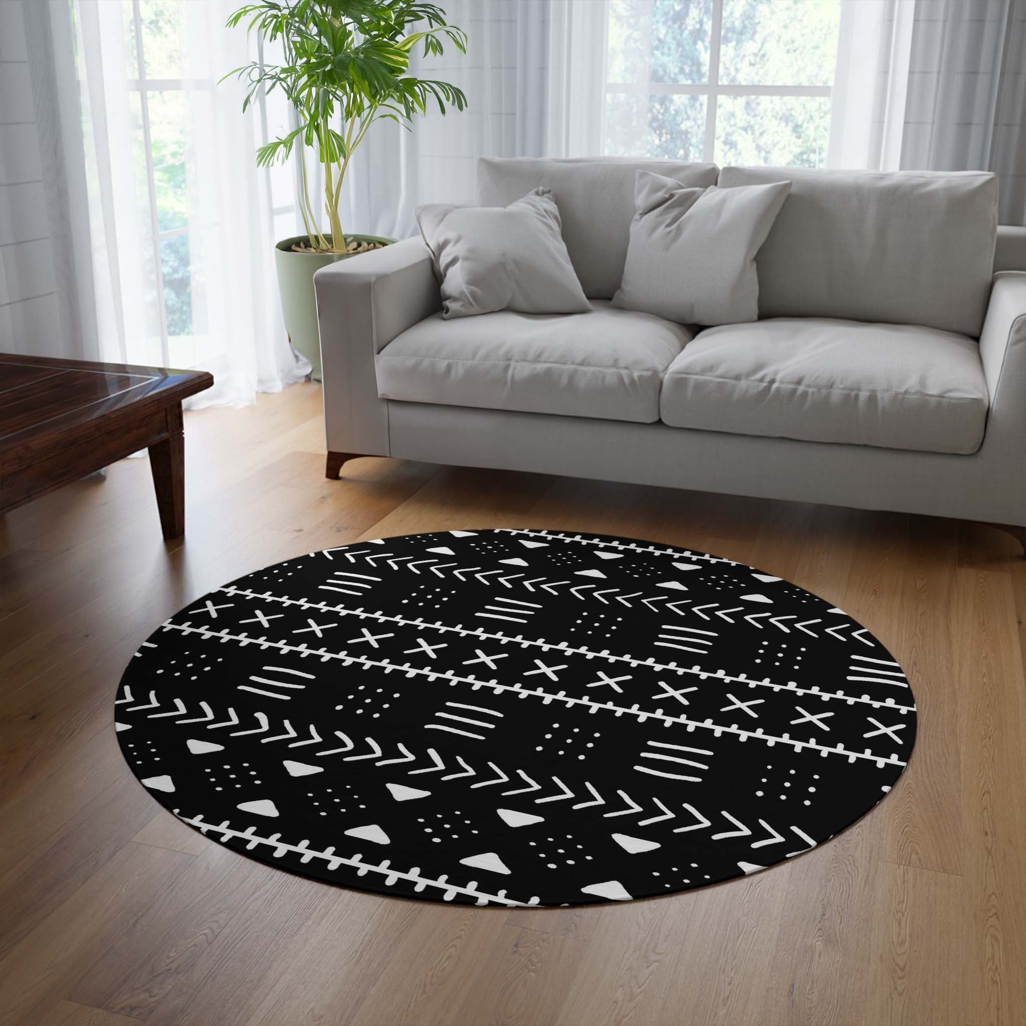 African Round Rug For Living Room Tribal Carpet Black White