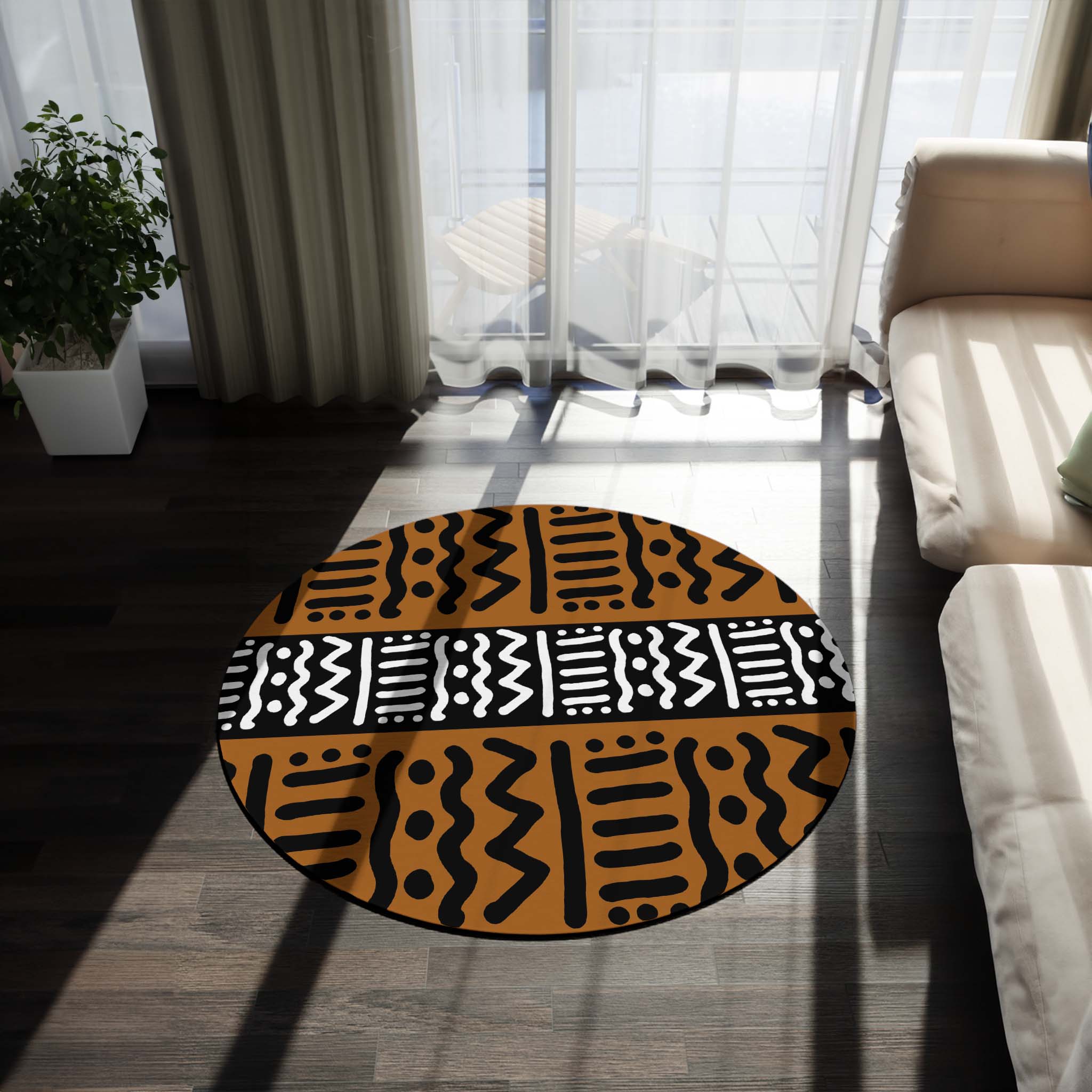 Traditional Round Rug African Carpet Kuba Print