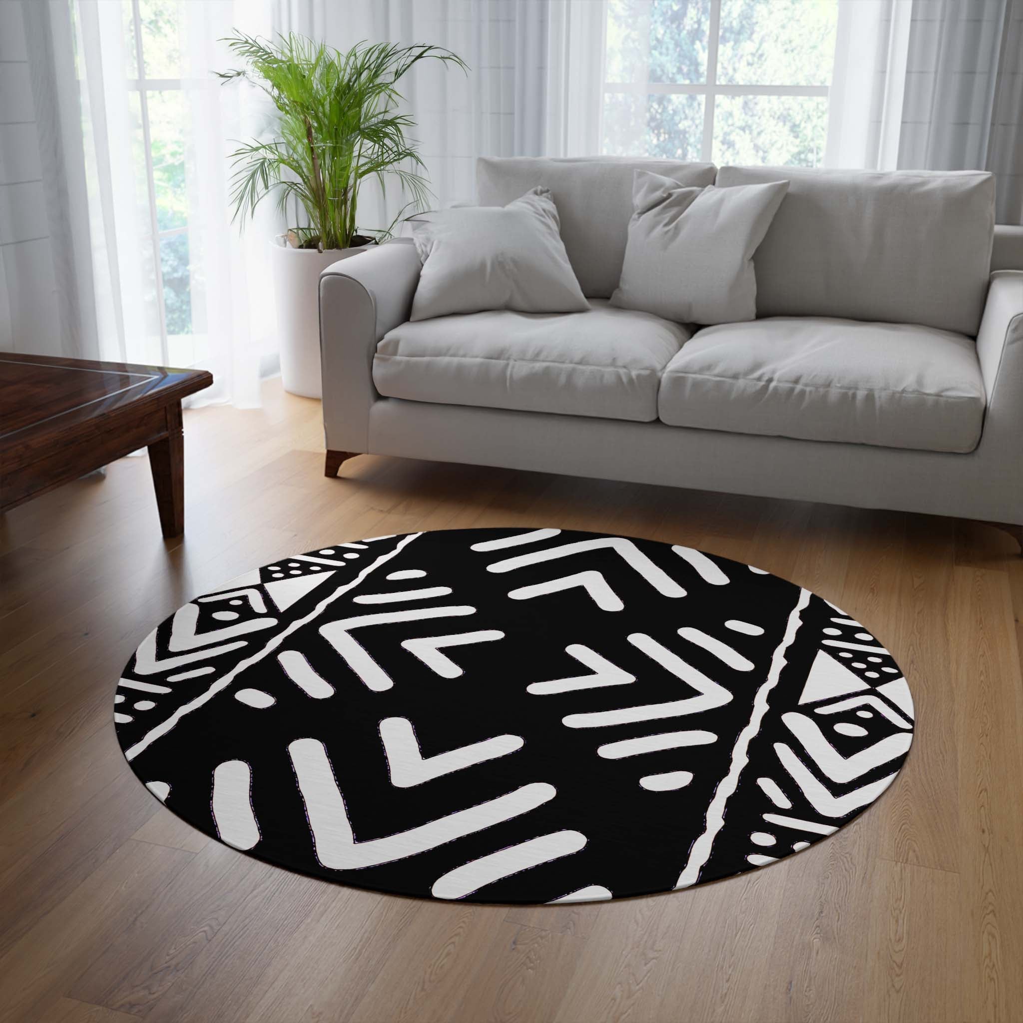 Tribal Round Rug African Carpet Black & White - Bynelo