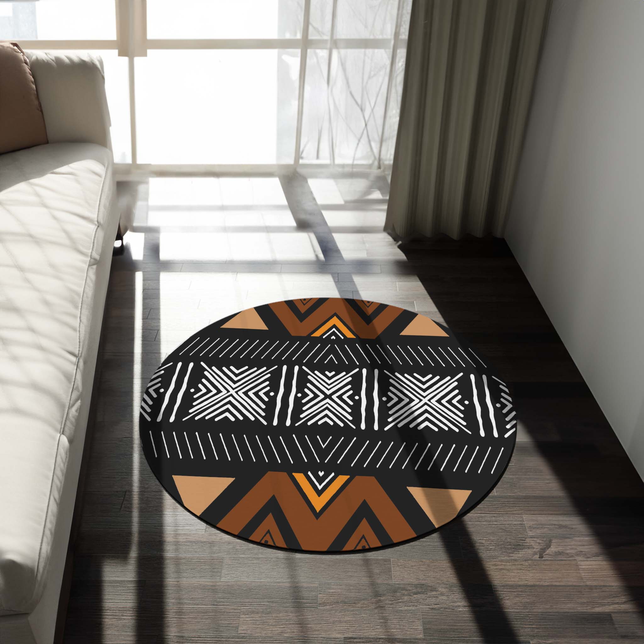 Round Afrocentric Rug African Tribal Print Carpet - Bynelo