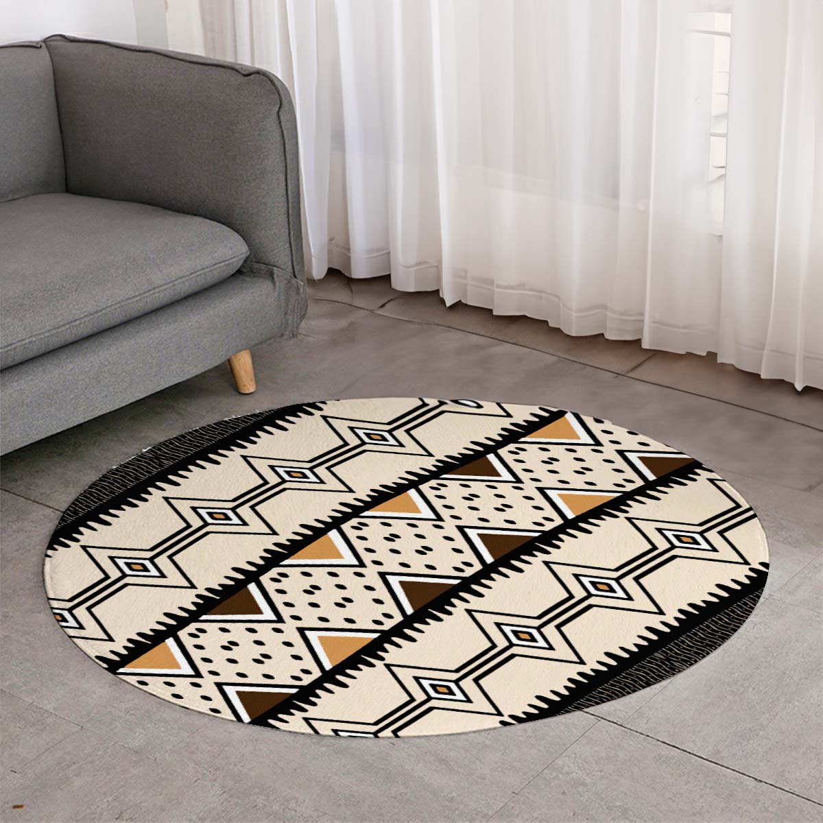 Round African Rug Bold Tribal Print Carpet - Bynelo