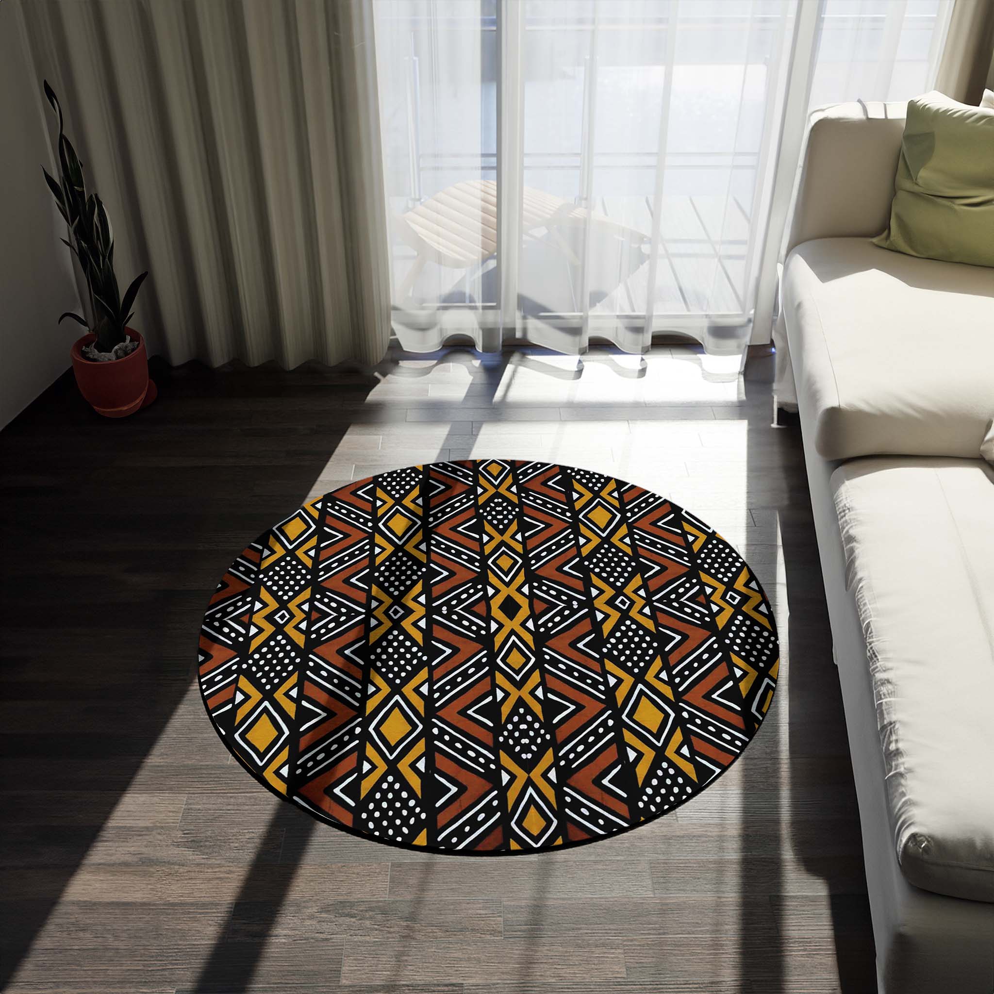 Mudcloth African Round Rug Afrocentric Carpet - Bynelo