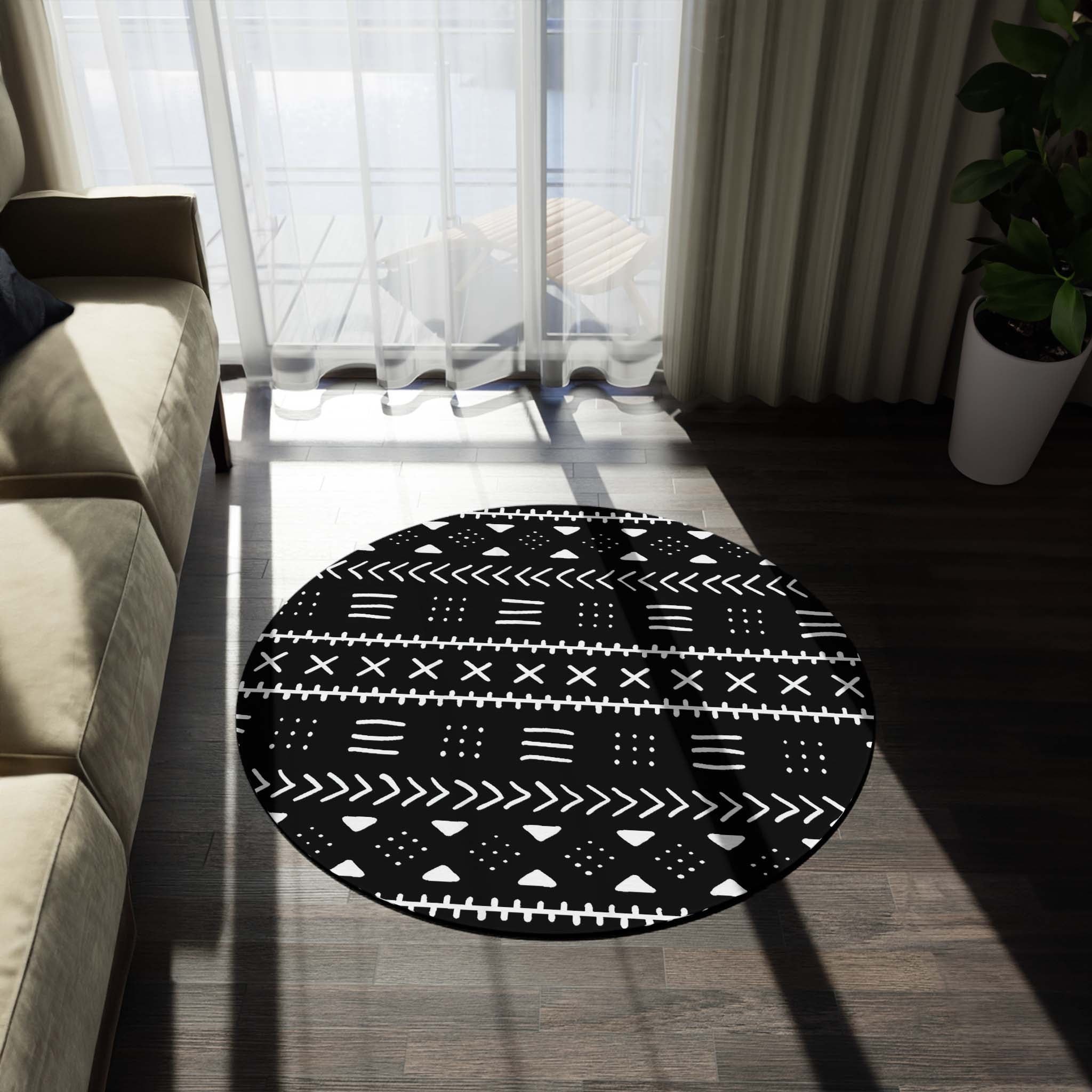 African Round Rug For Living Room Tribal Carpet Black White