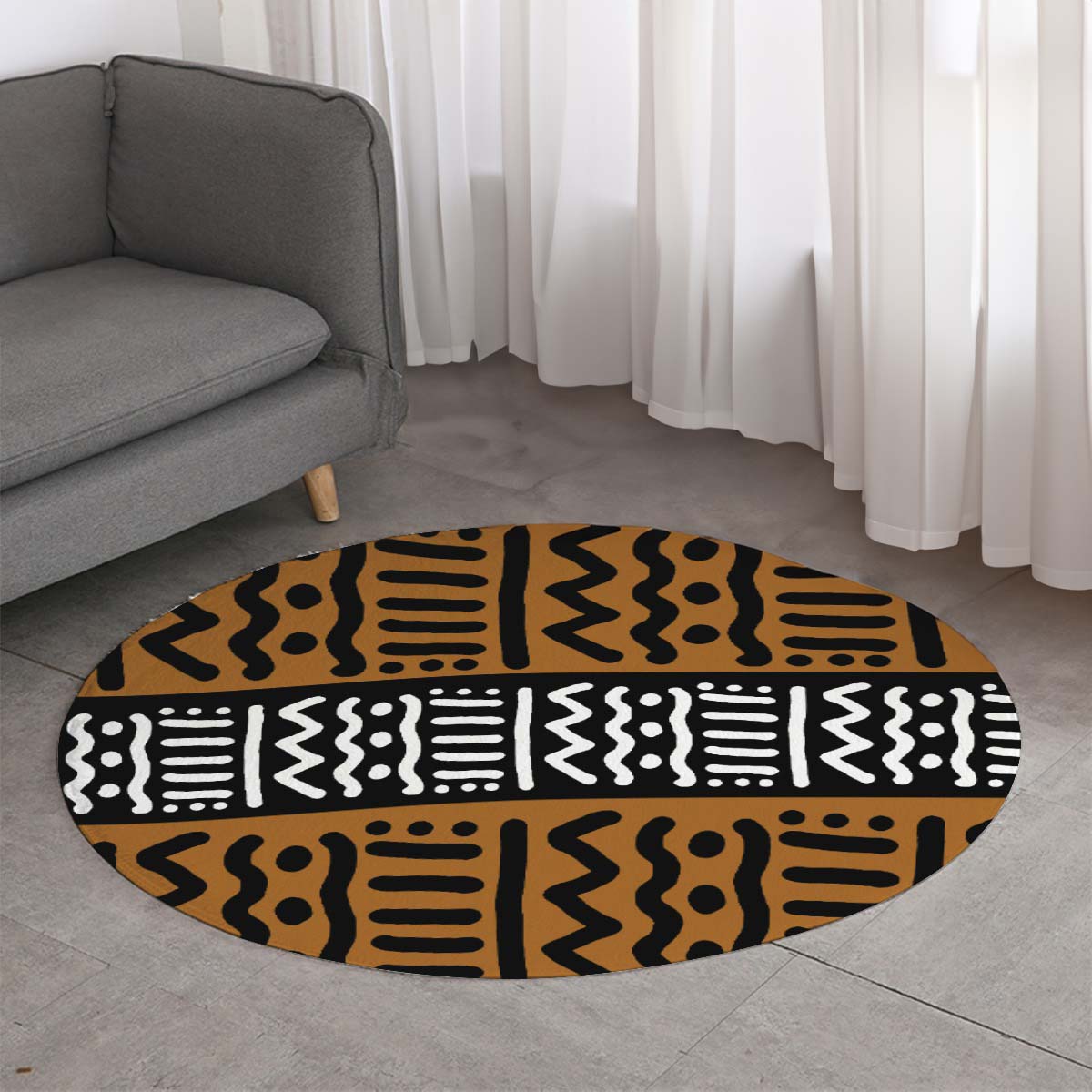 Traditional Round Rug African Carpet Kuba Print - Bynelo