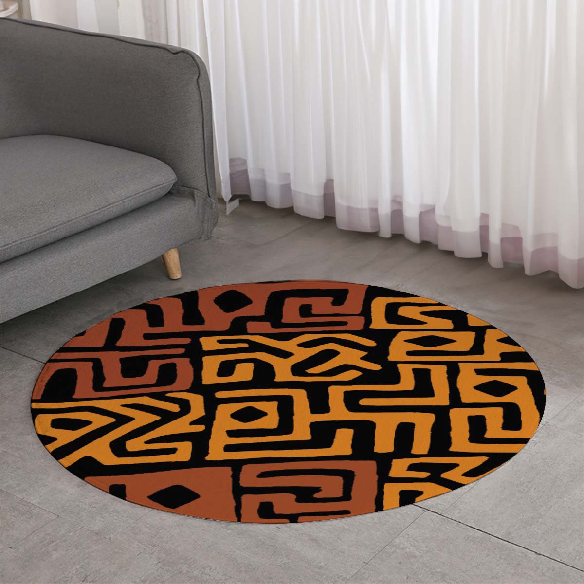 Kuba African Round Rug Ethnic Print Carpet - Bynelo