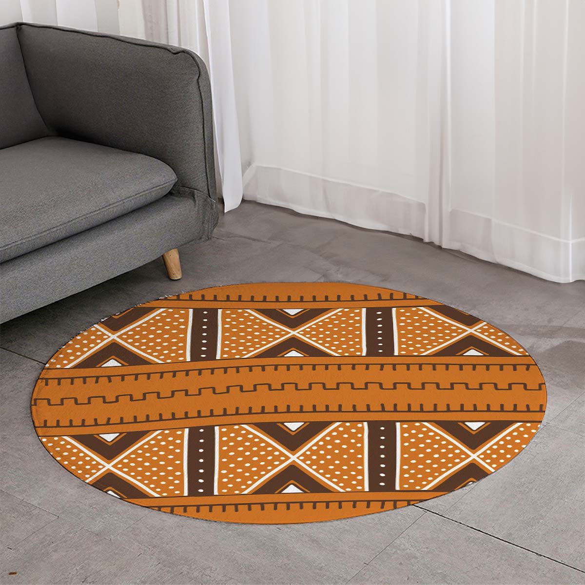 Bogolan Orange Round Rug Mudcloth Bright Carpet