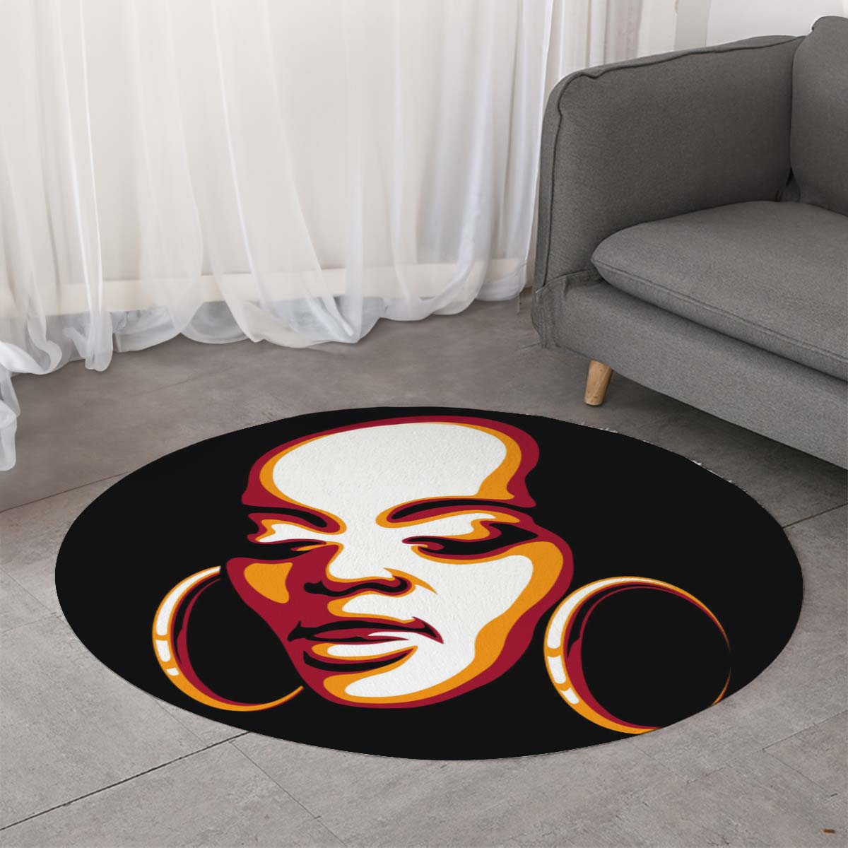 Round African Print Rug Woman Face Area Carpet - Bynelo 
