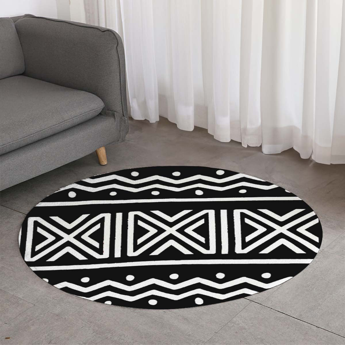 African Round Rug Black & White Carpet - Bynelo