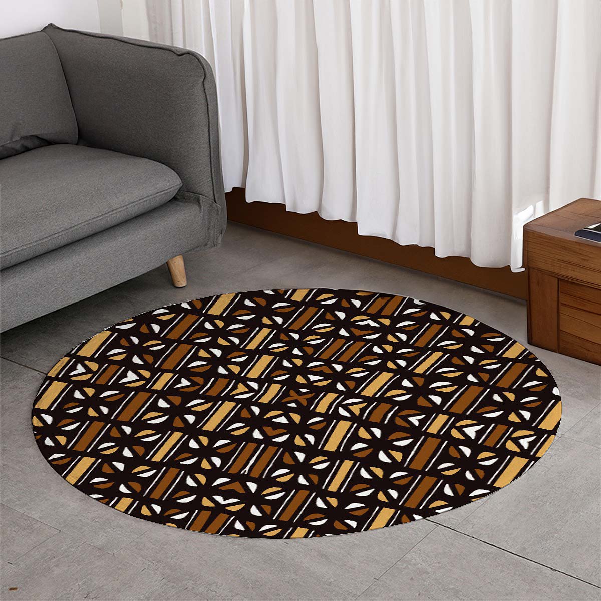 African Round Rug Mudcloth Print Carpet Mixed Brown - Bynelo