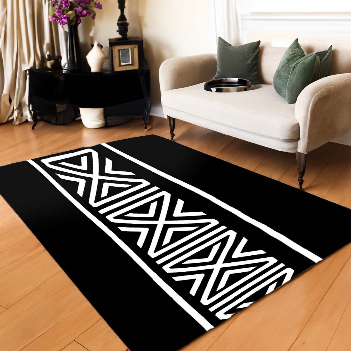 African Wall Rug African Print Area Rug Black & White Tribal Carpet - Bynelo