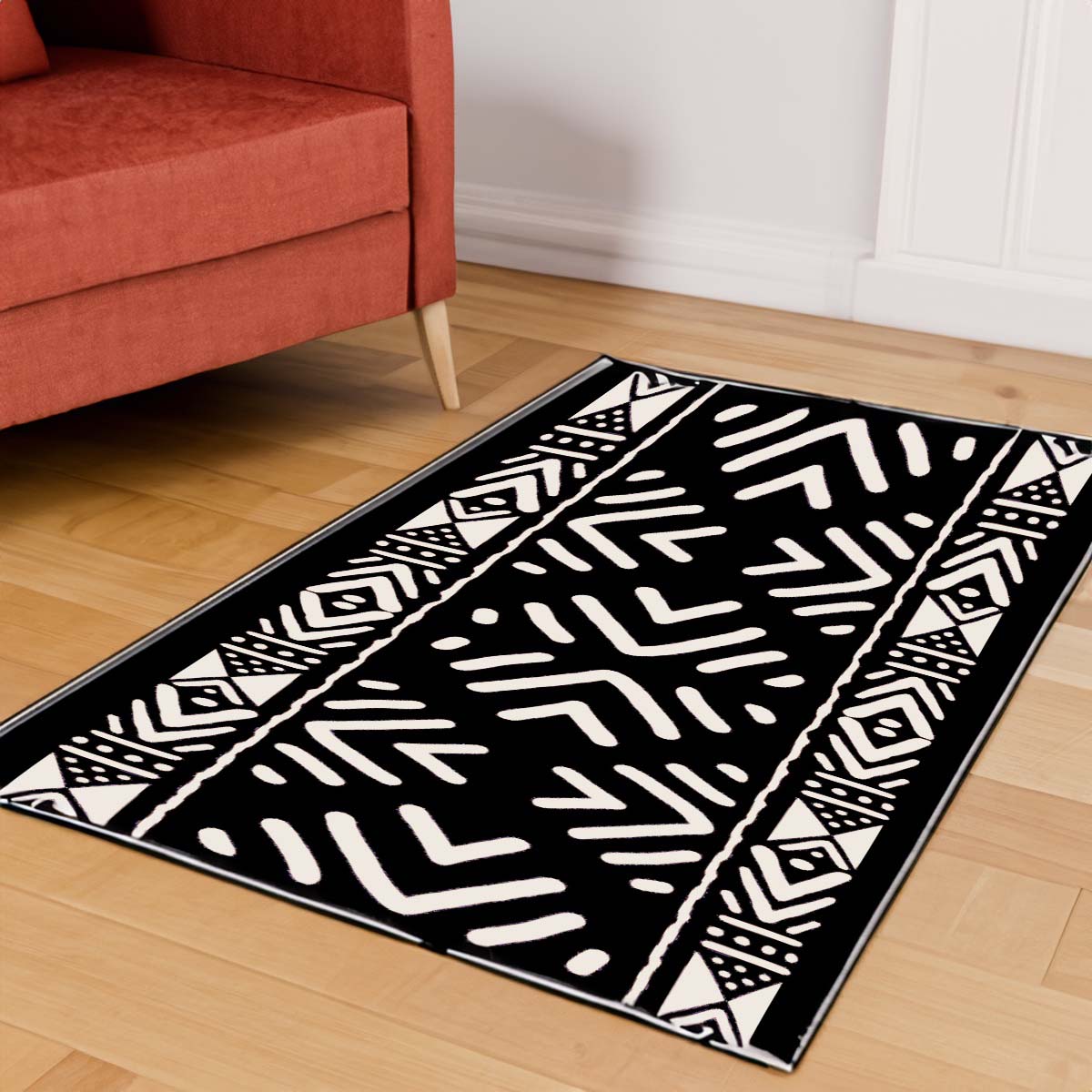 African Area Rug Black & White Tribal Print Carpet - Bynelo