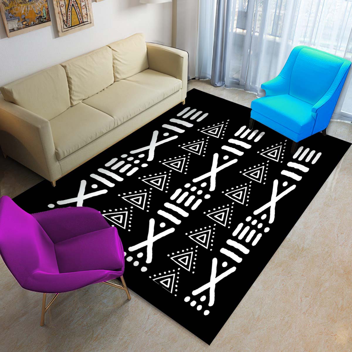 African Living Room - Black & White Mudcloth Print Carpet
