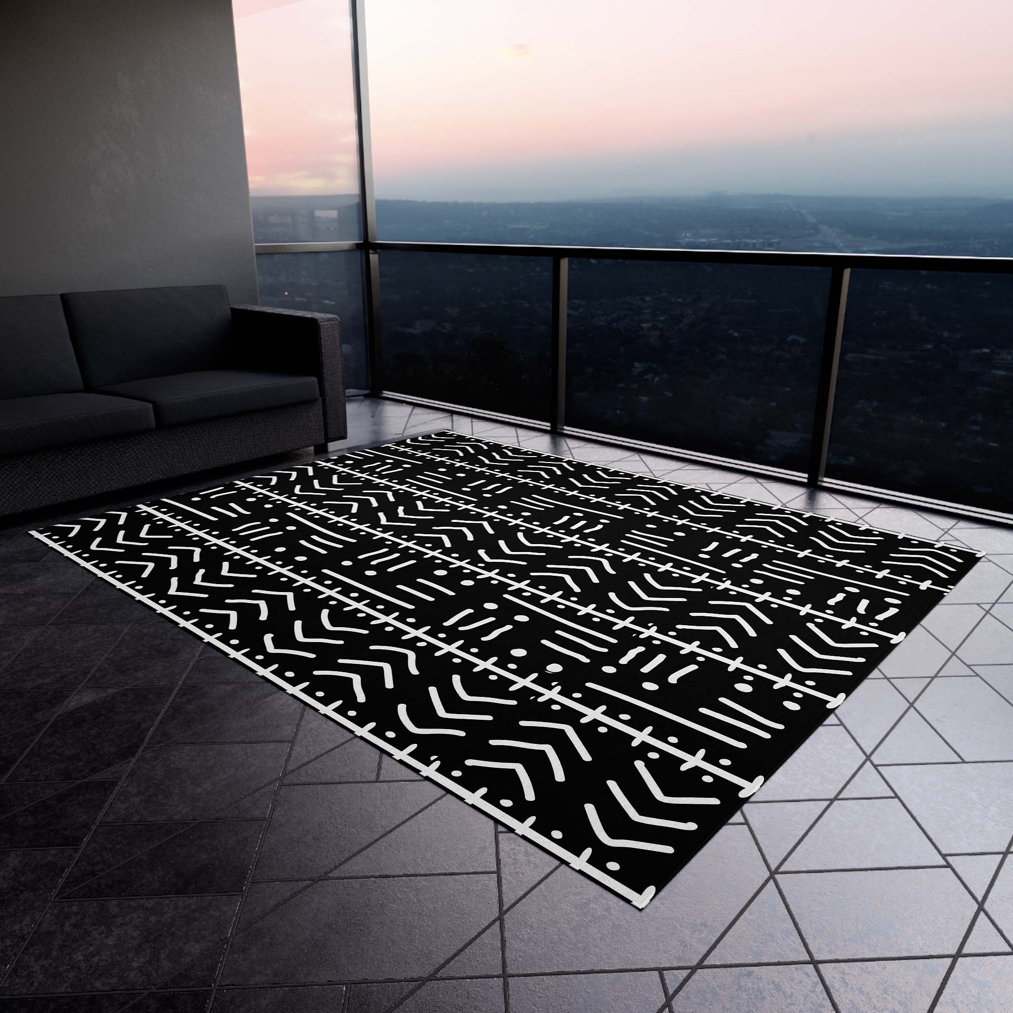 African Outdoor Rug Mudcloth Black & White Carpet - Bynelo