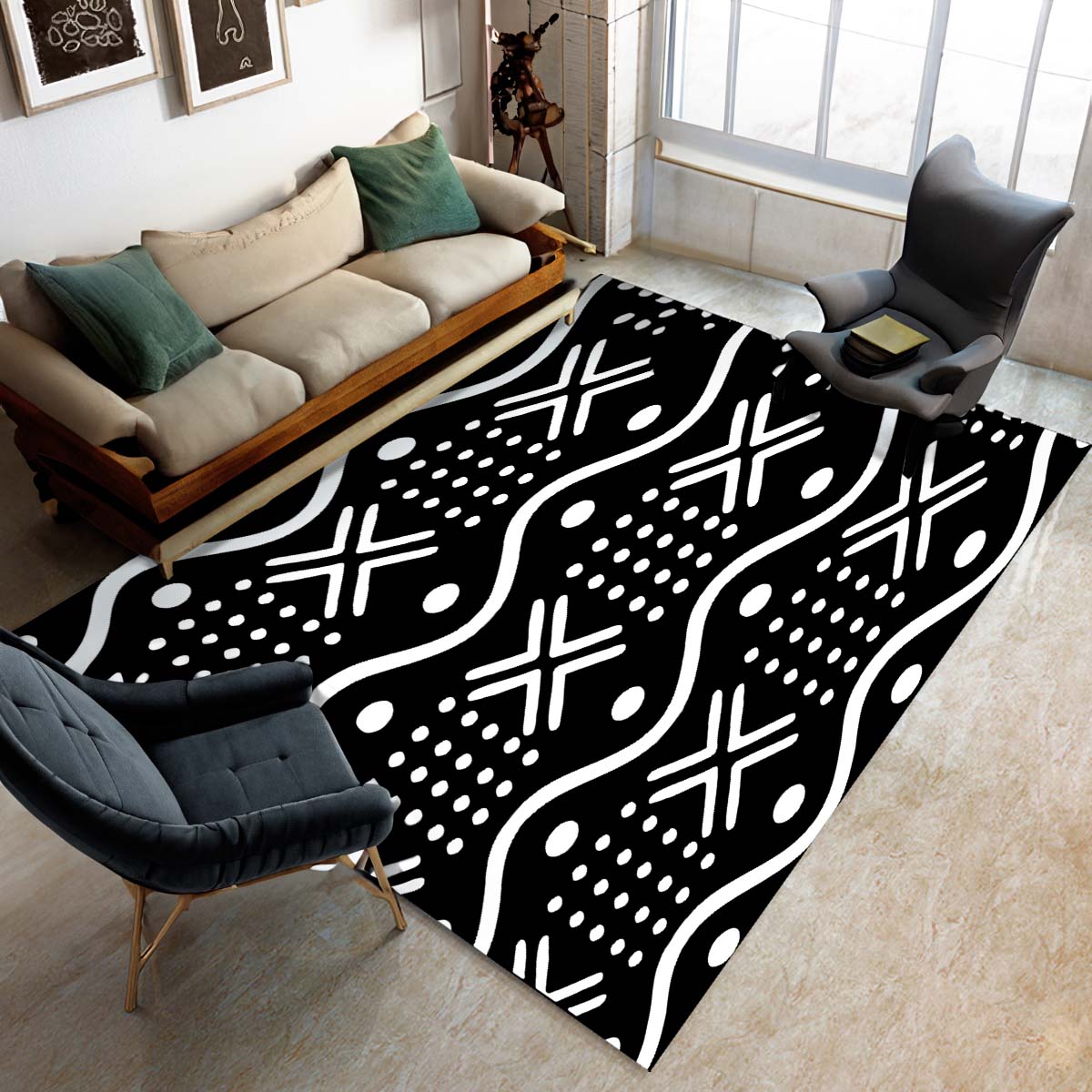 African Patterned Rug Tribal Carpet Black & White - Bynelo