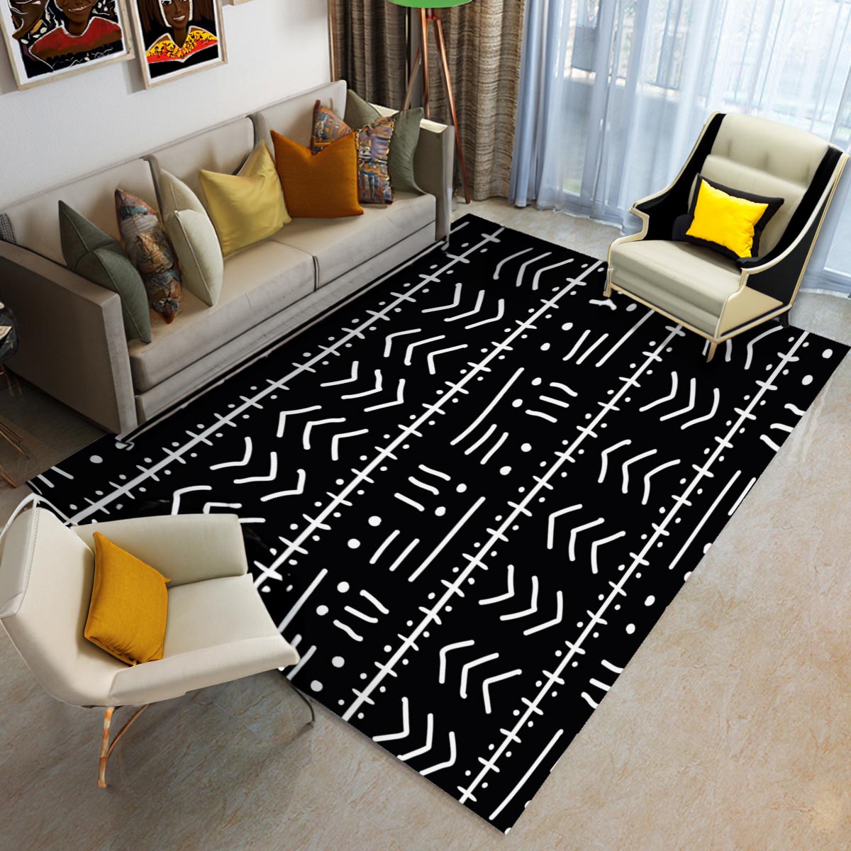 Black and White African Rug Carpet Tribal Print - Bynelo