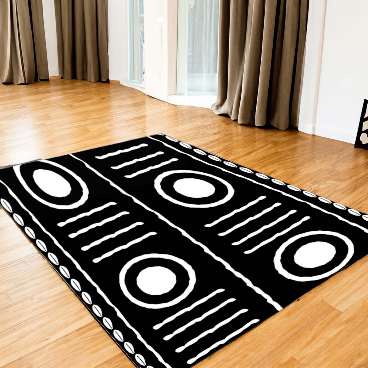 Cowrie African Print Rug Black & White Carpet - Bynelo