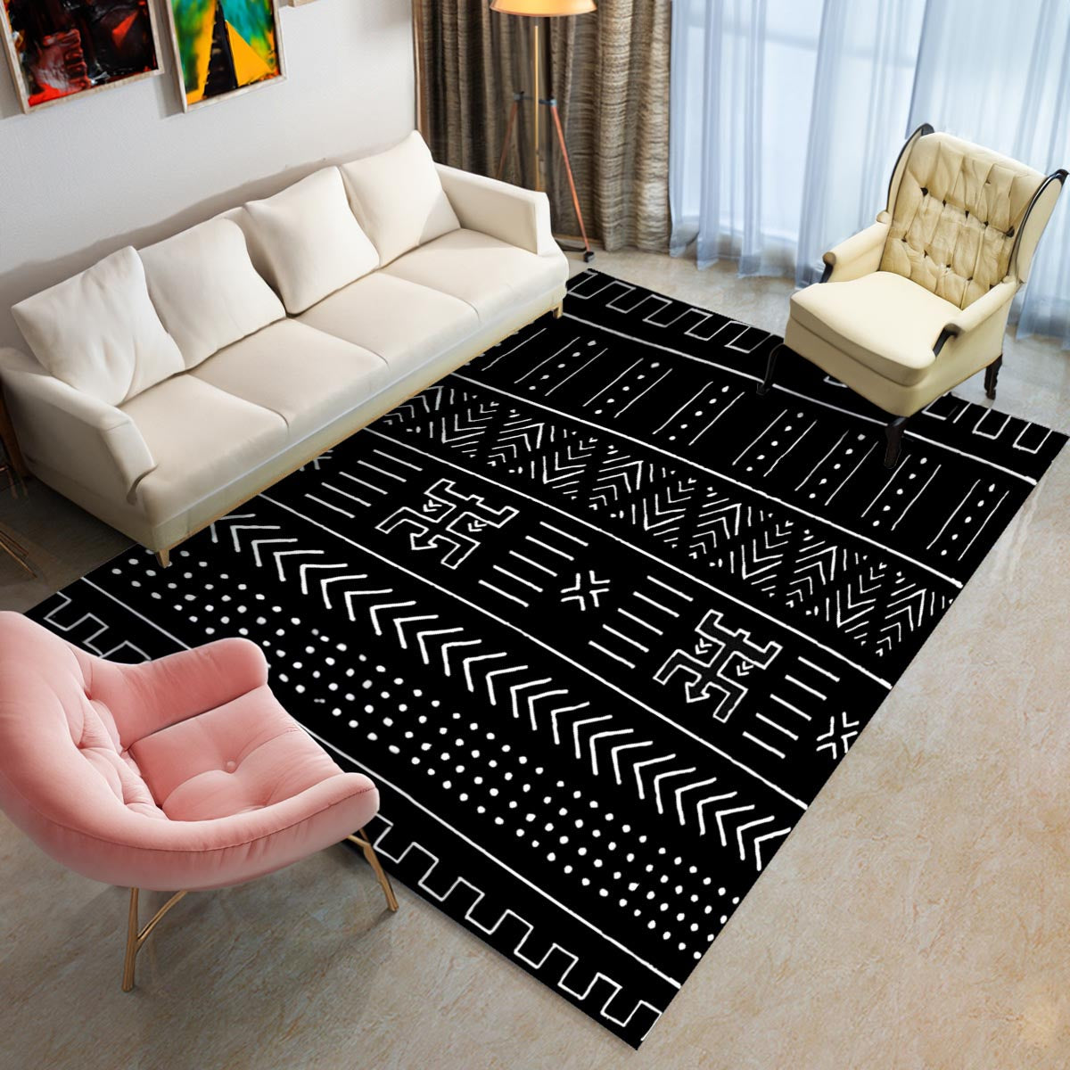 Black and White African Rug Carpet Mudcloth Print
