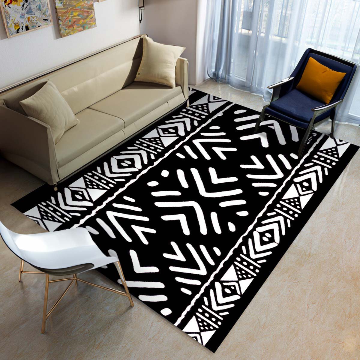 African Area Rug Black & White Tribal Print Carpet - Bynelo