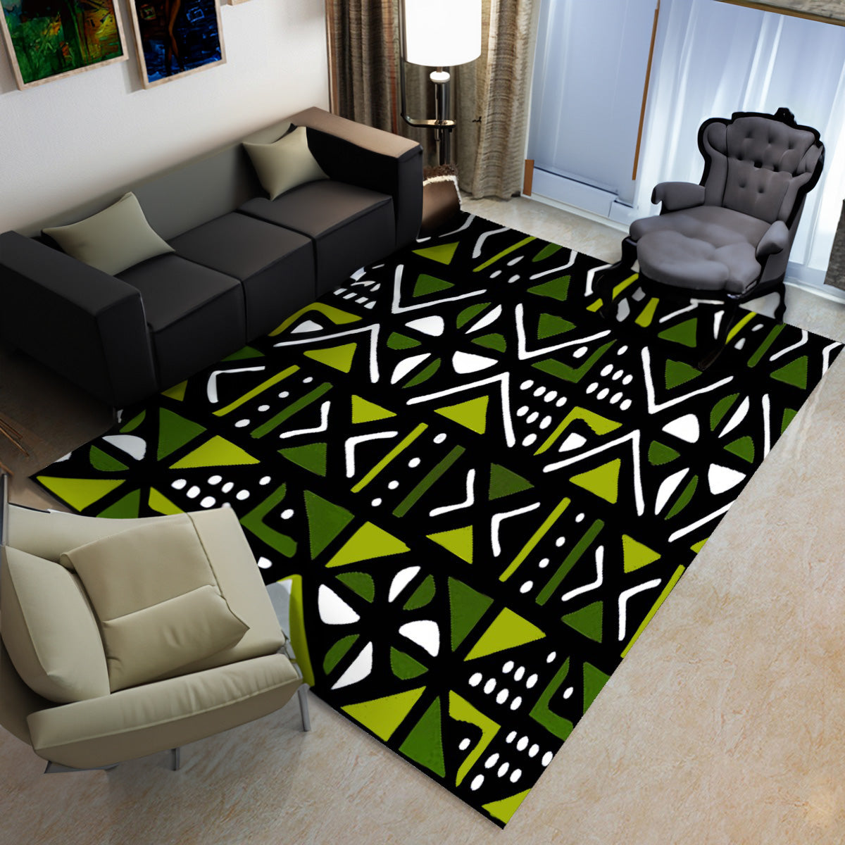 African Green Mudcloth Print Carpet Rug - Bynelo