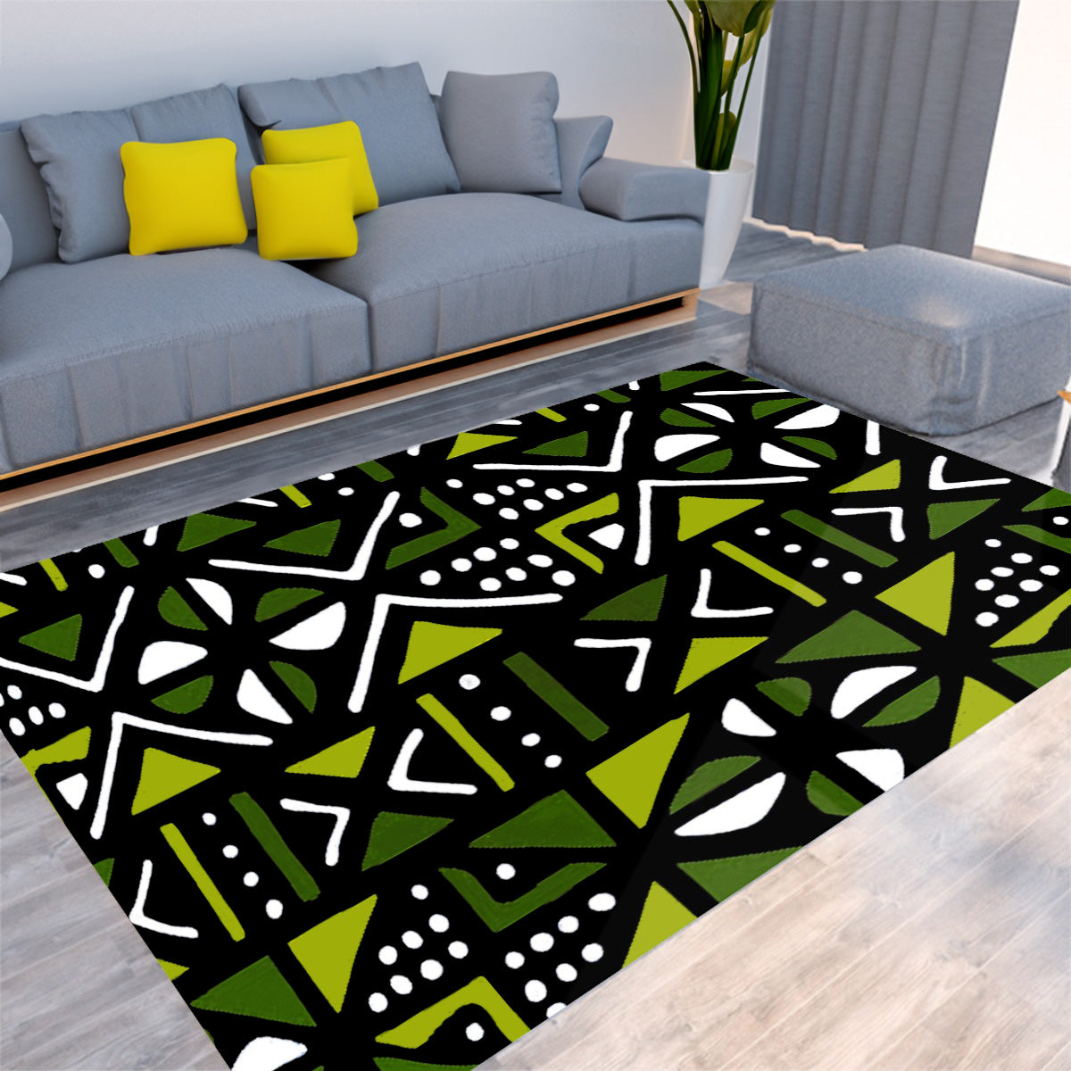 African Green Mudcloth Print Carpet Rug - Bynelo