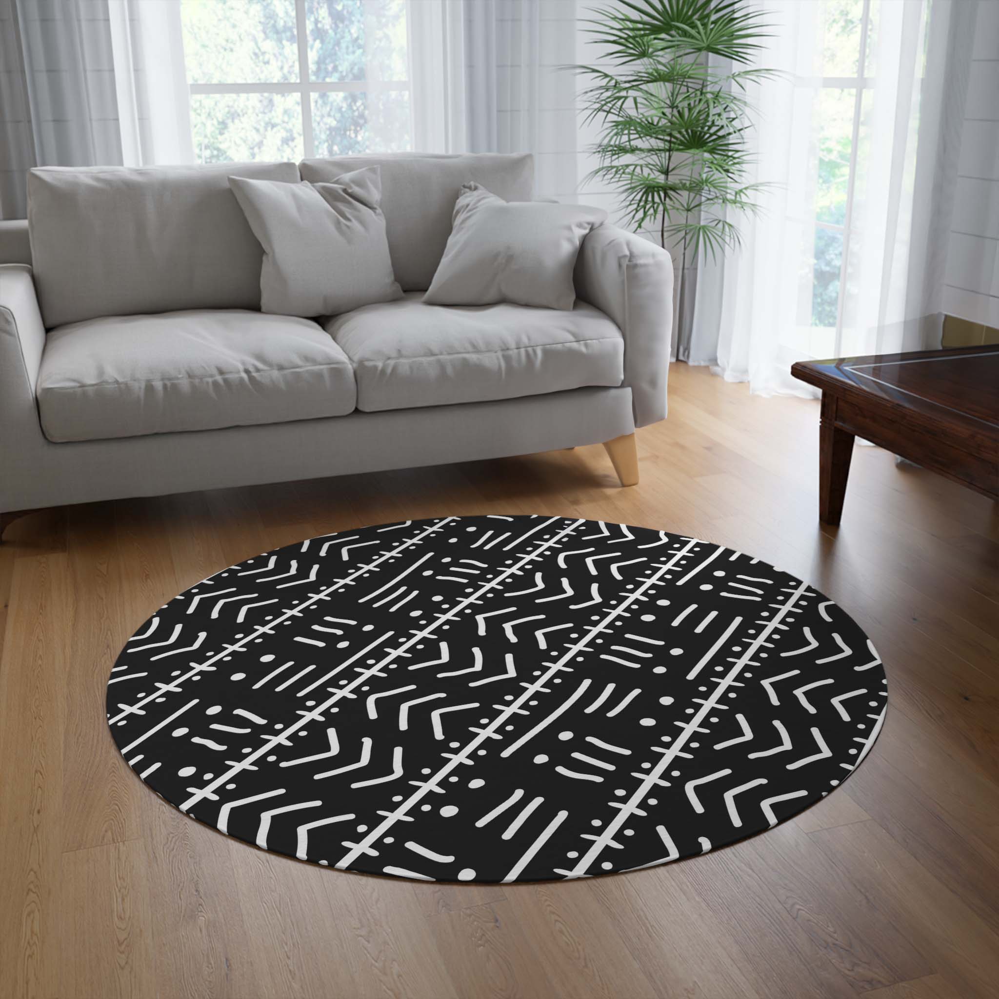 Round African Tribal Rug Black & White Carpet - Bynelo