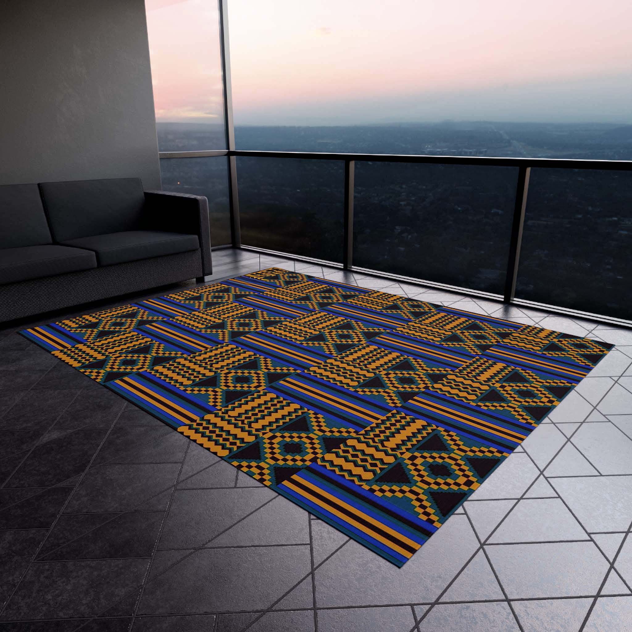 Outdoor African Area Rug Tribal Gold & Blue Carpet - Bynelo