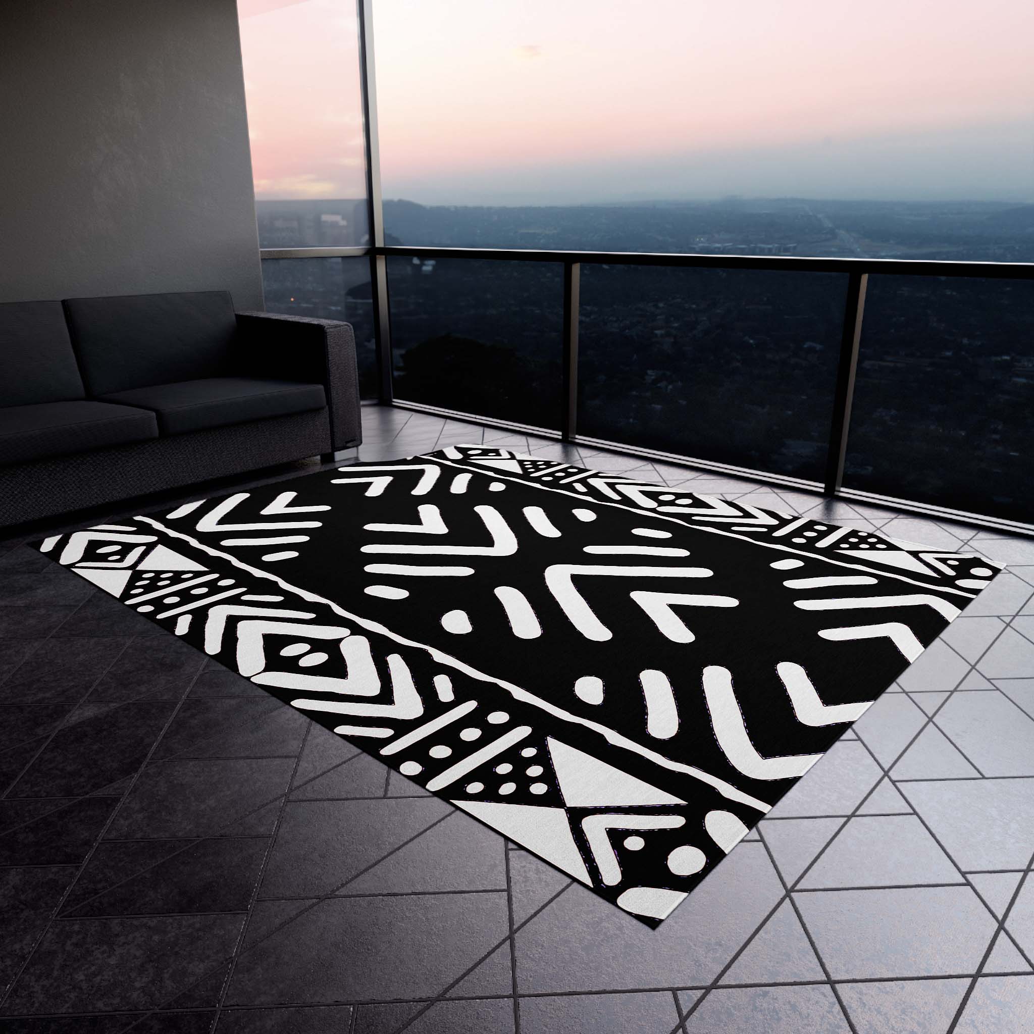 Outdoor African Area Rug Black & White Tribal Print Carpet