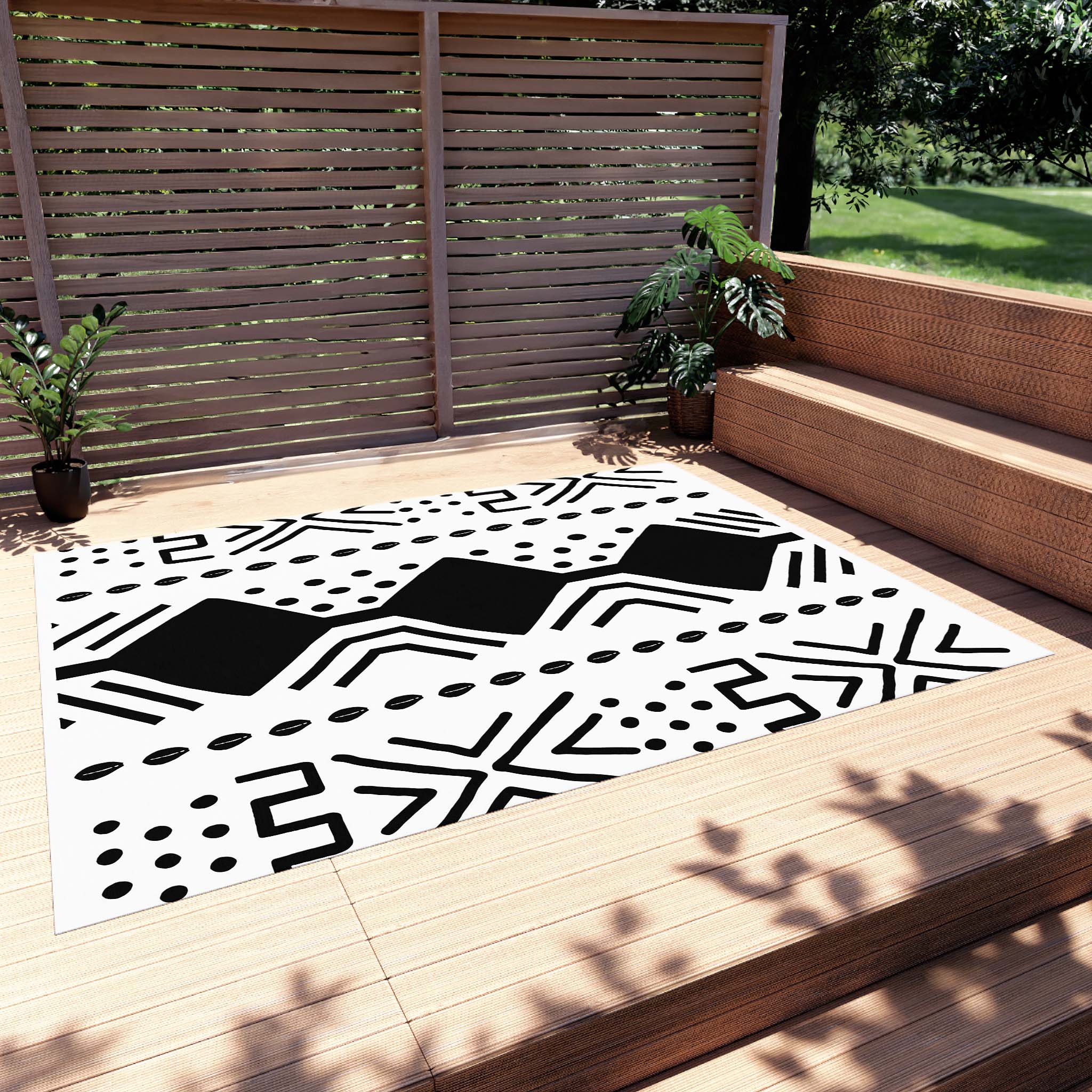 African Rug Black & White Mud-Cloth Style Carpet Outdoor