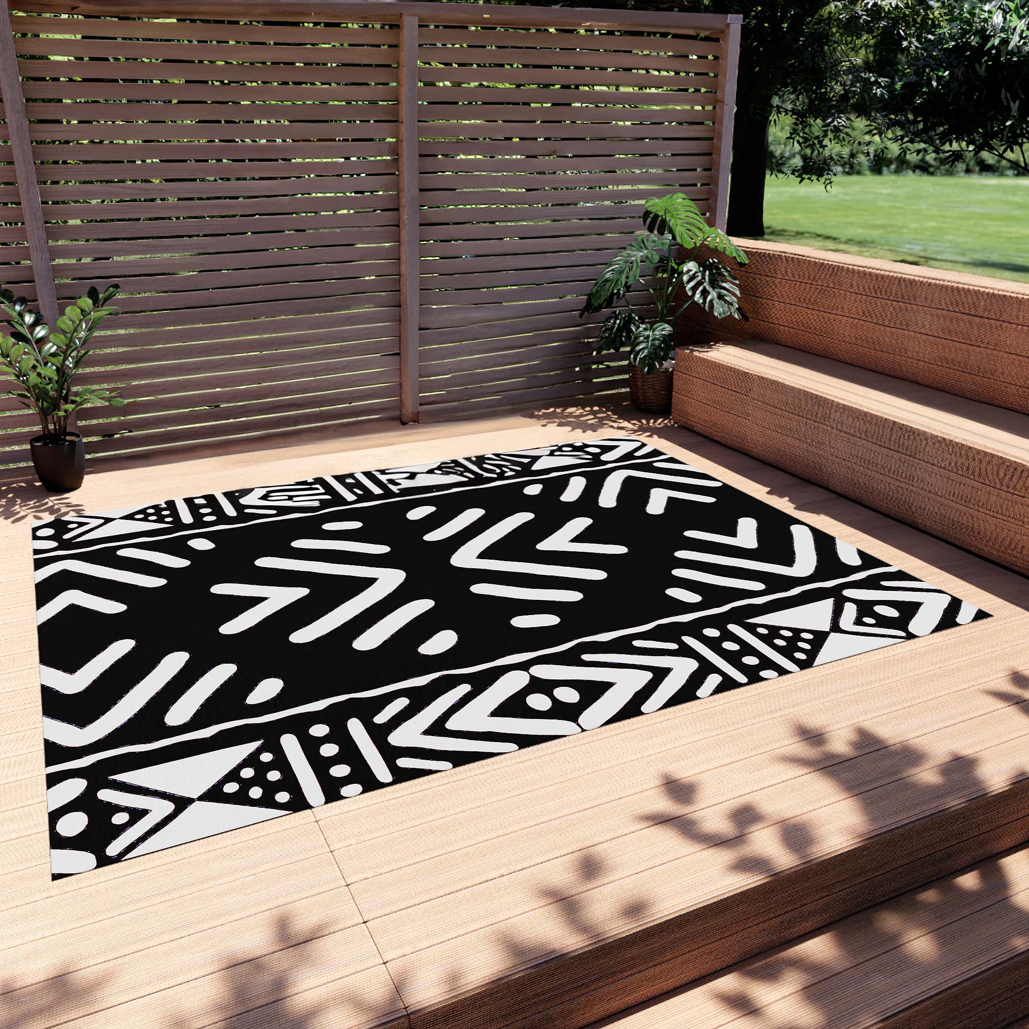 Outdoor African Area Rug Black & White Tribal Print Carpet