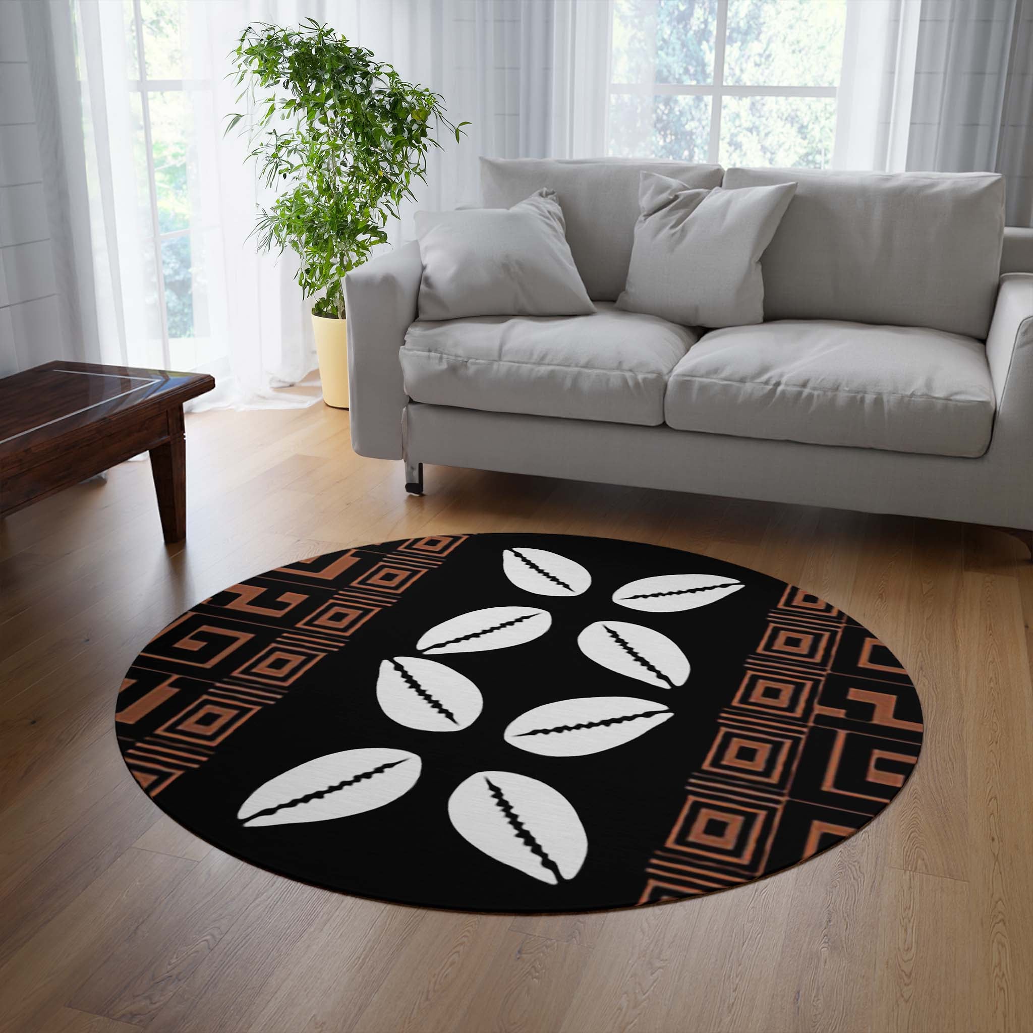 African Round Rug Cowrie Print Carpet - Bynelo