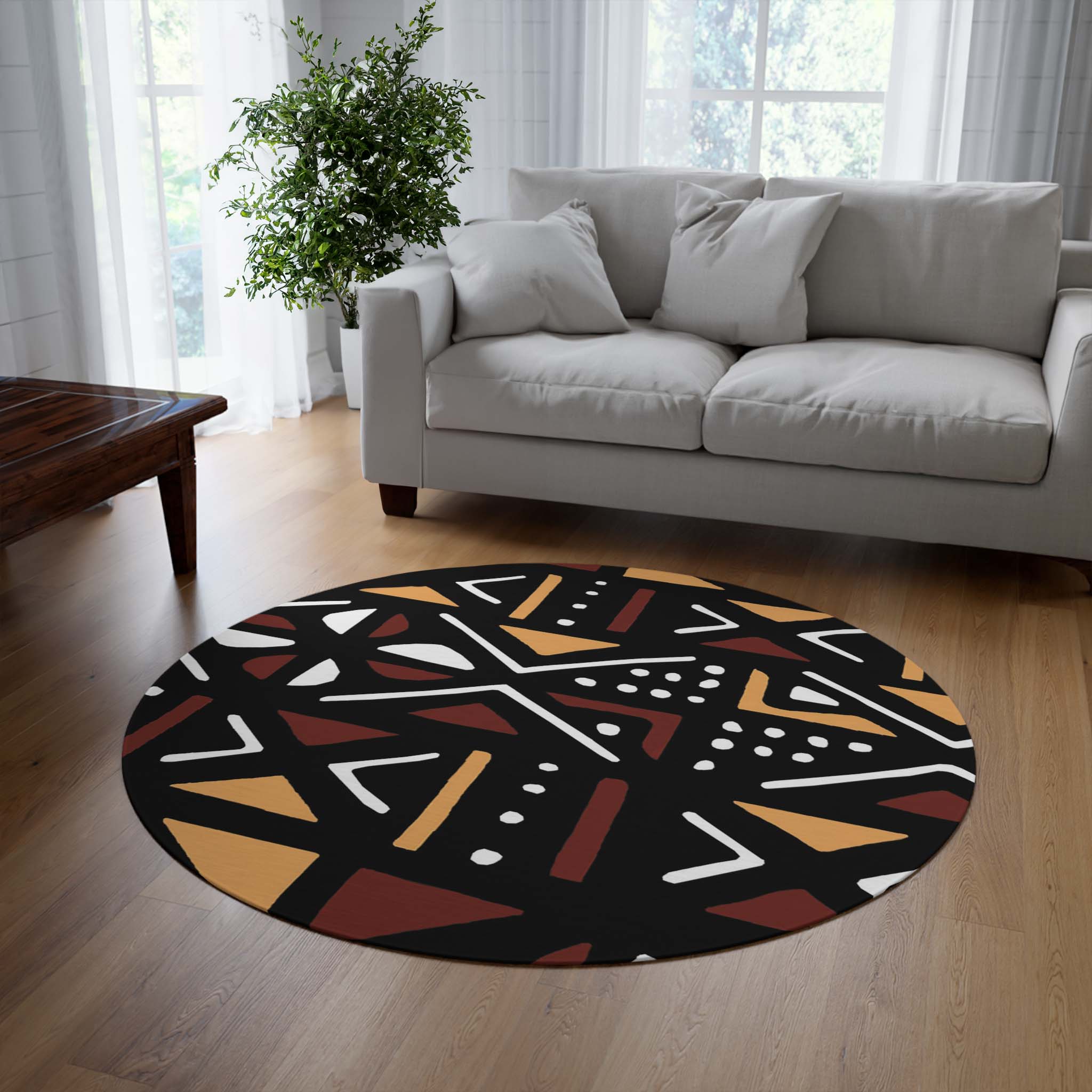 Bogolan African Print Rug Round Mudcloth Carpet - Bynelo