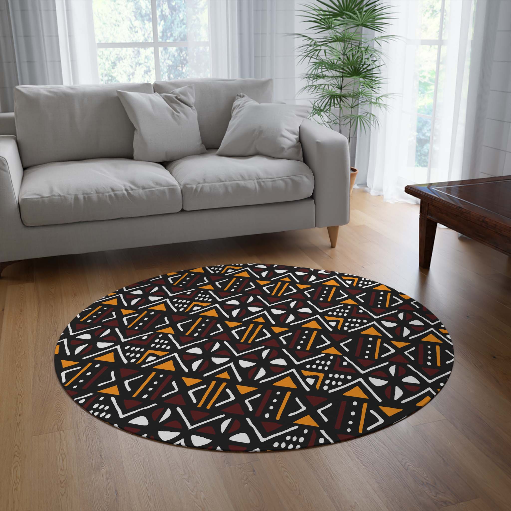 African Inspired Rug Round Carpet Mudcloth Print - Bynelo