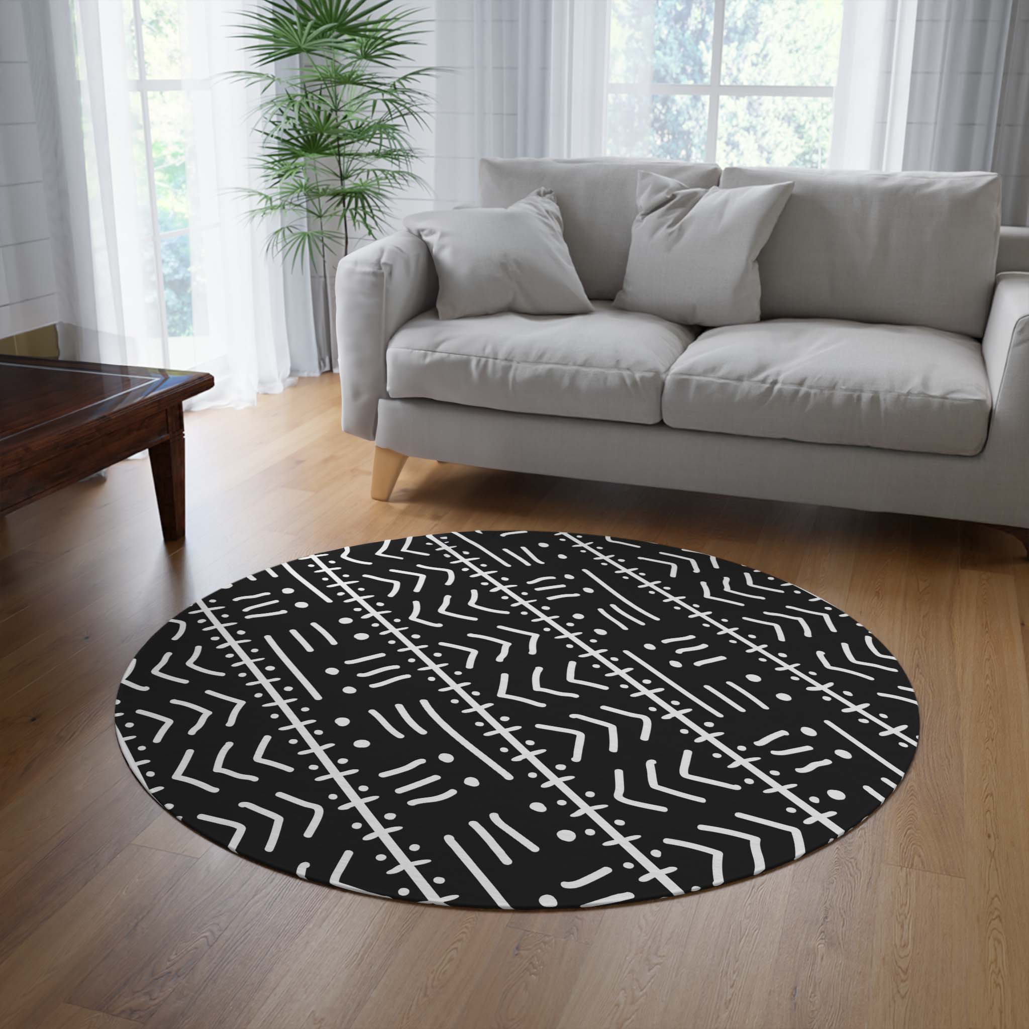 Round African Tribal Rug Black & White Carpet - Bynelo
