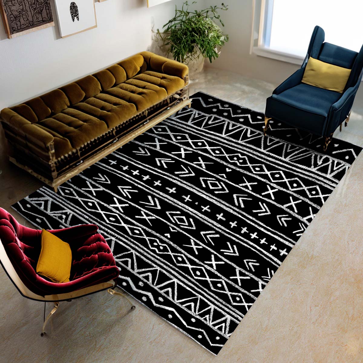 African Inspired Area Rugs Black & White Tribal Carpet- Bynelo