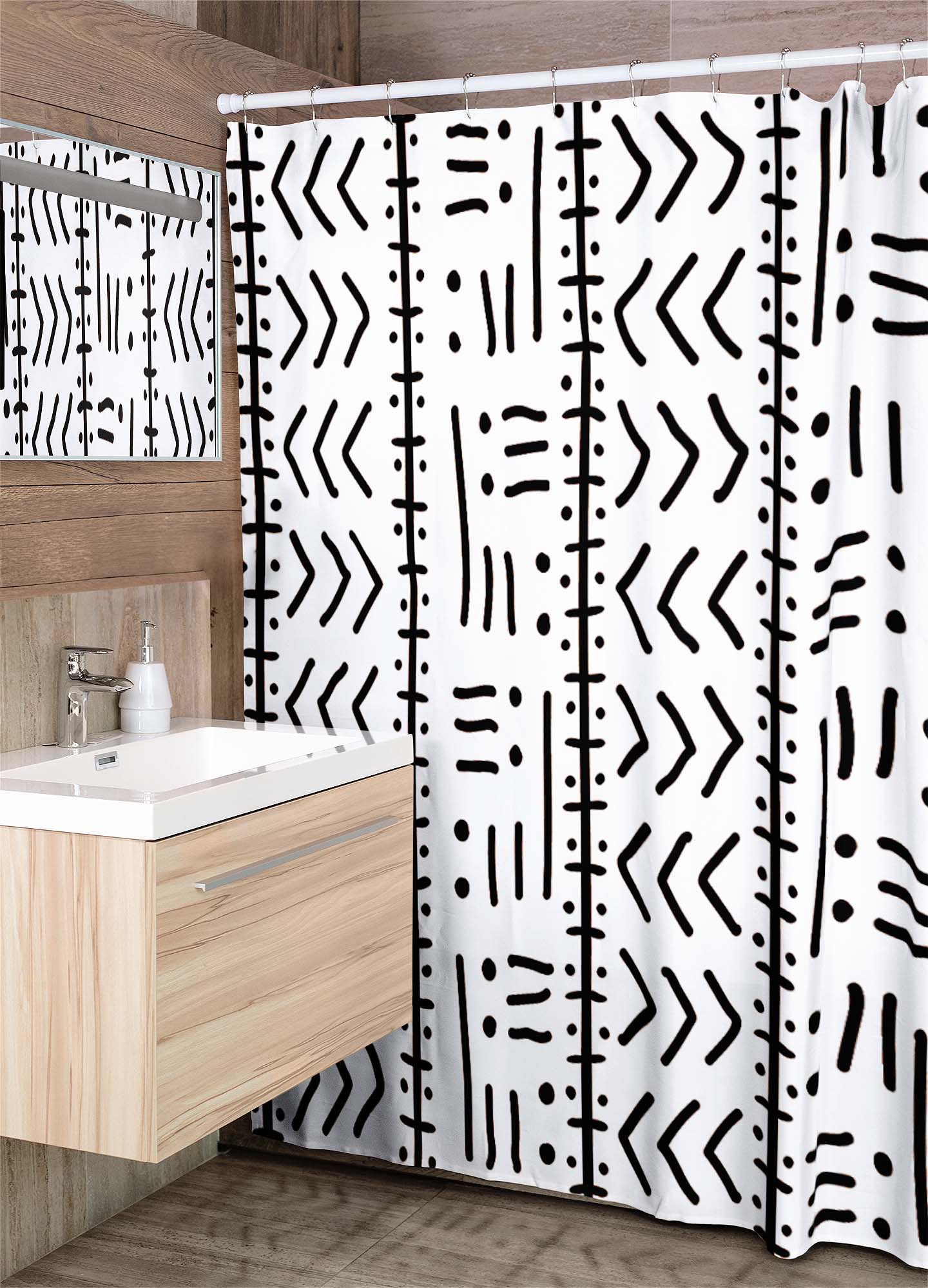 African Shower Curtain Tribal Print White & Black | Contrast