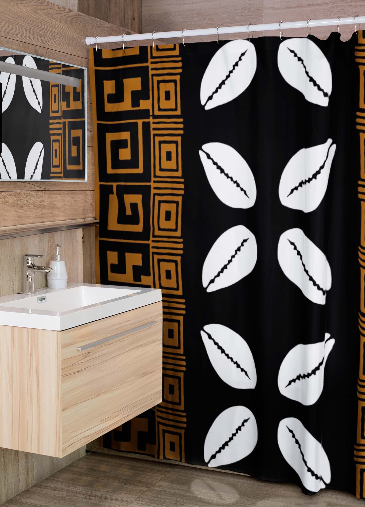 African Shower Curtain For Bathroom Cowrie Print - Bynelo