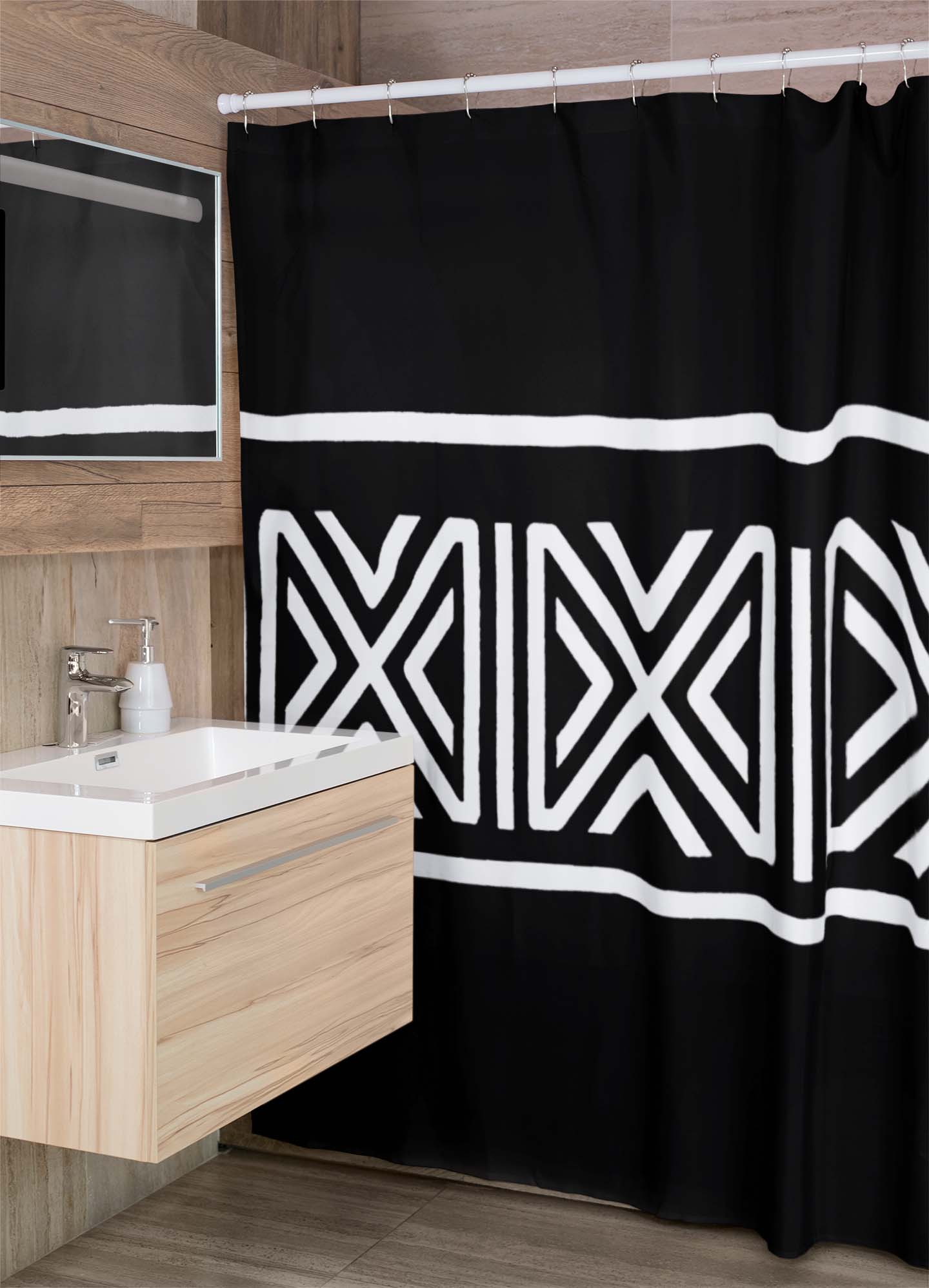African Shower Bathroom Curtain Black & White Tribal Print
