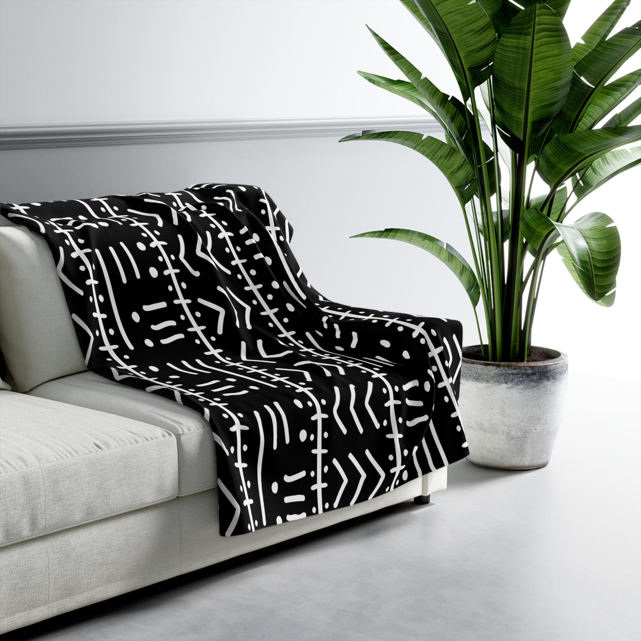 Black and White African Throw Fleece Blanket Mudcloth 