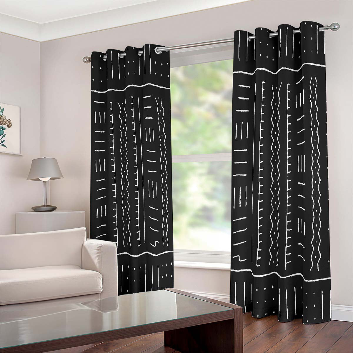 African Grommet Tribal Curtain - Black & White 2-Piece