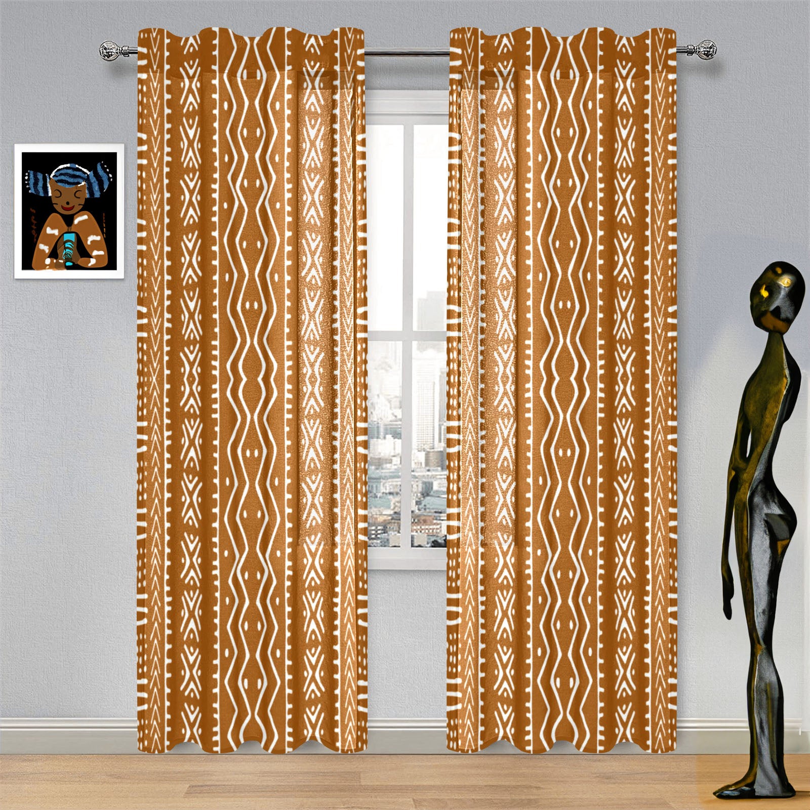 Gold African Gauze Curtain Mudcloth Print (Two Piece)