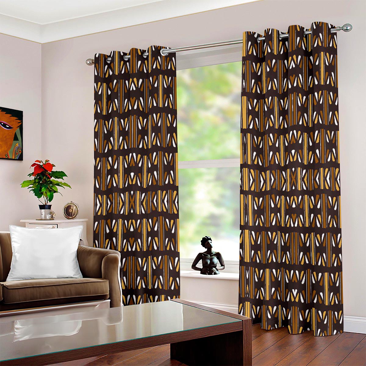 2-Piece Mudcloth African Grommet Curtain: Authentic Elegance