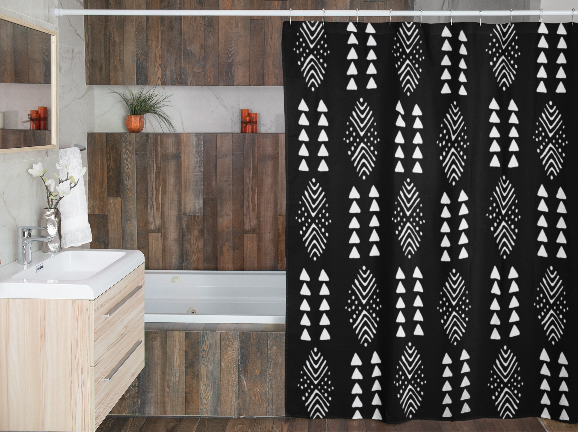African Mudcloth Shower Curtain - Black & White Design