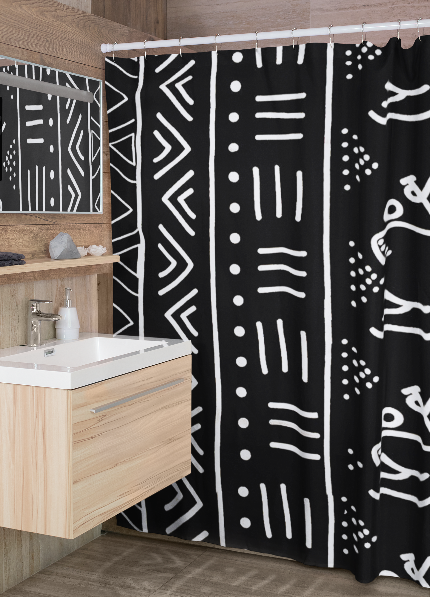 African Print Shower Curtain - Mudcloth in Black & White